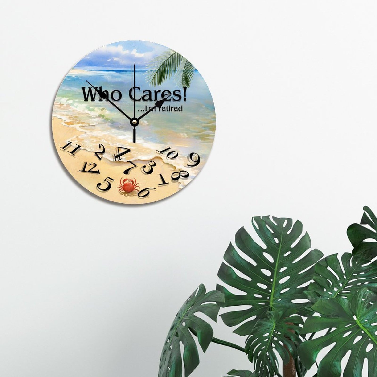 ArogGeld Who Cares I am Retired Wall Clock Beach House Clocks 10 inch Silent Round Wooden Battery Operated Decorative Hanging for Office Home Decor Wedding Birthday Housewarming Gift