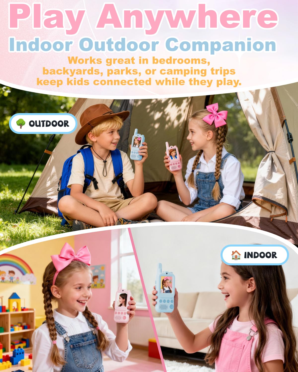 Video Walkie Talkies for Kids 2 Pack Rechargeable Video Intercom with Voice Changer, 1300FT Long Range Radios, Camping Hiking Toys, Birthday Gifts for Boys Girls Ages 3-12 (Pink&Blue)