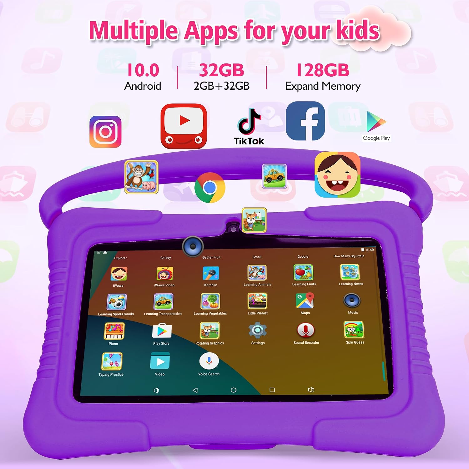 Veidoo Kids Tablet displaying multiple app icons, indicating Android 10, 2GB RAM, 32GB storage, and 128GB expandable memory.