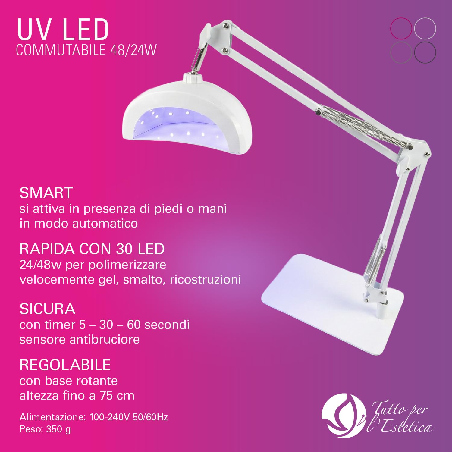 Lampada UV Led Unghie Professionali 48W con Stativo per Pedicure, Manicure ed Estetista, Regolabile e Rotante | Fornetto Unghie Semipermanente per Smalto Gel, con Attivazione Automatica