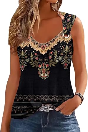 Womens Tank Tops Trendy Summer Top V Neck Sleeveless Casual Loose Shirts | O Ring Shoulder, Boho Blouses, Breathable Cute Tee, Beach Vacation Outfits, Dressy Casual, Going Out, Daily Wear