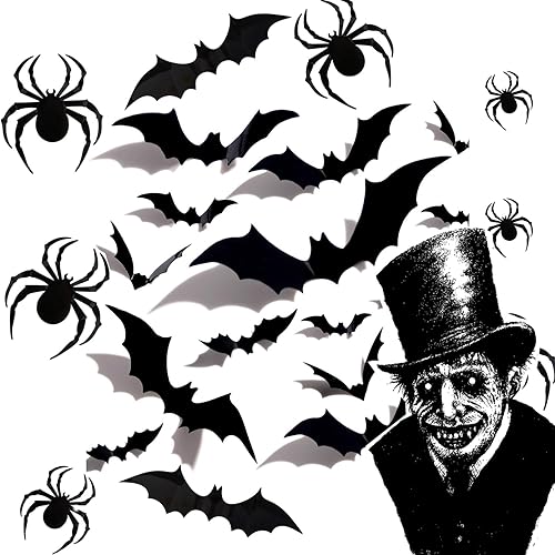 Miniatura 1 de 72 decoraciones de Halloween, 60 murciélagos de decoración de Halloween con 12 arañas, decoración de pared de murciélagos 3D, 4 tamaños diferentes,