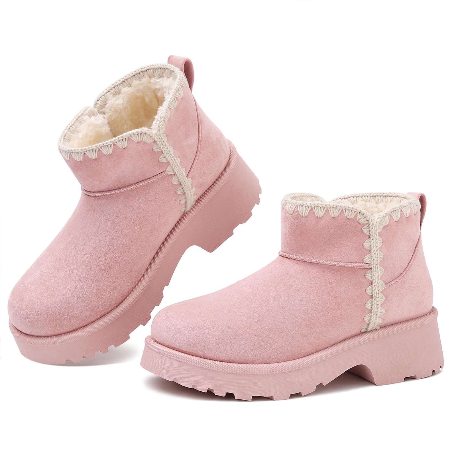 Womens Faux Suede Mini Winter Boots - Slip On Fur Lined Booties Cozy Ankle Snow Shoes with Stitching