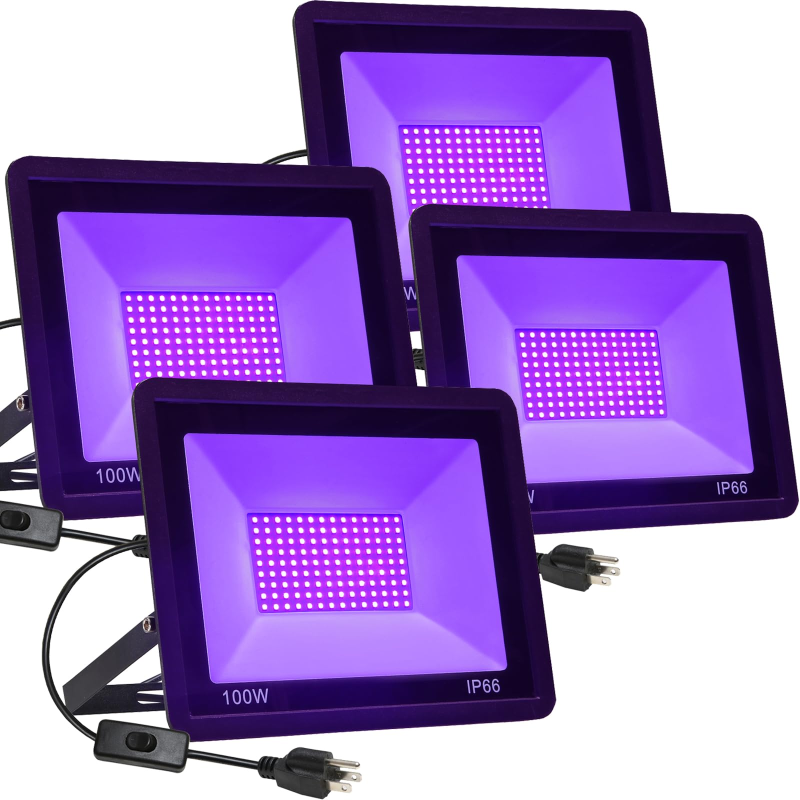 4 Pack 100W LED Black Lights, Flood Blacklight with Plug, IP66 Waterproof Outdoor UV Spotlight for Dance Party Large Space, Glow in The Dark, Halloween Lamp