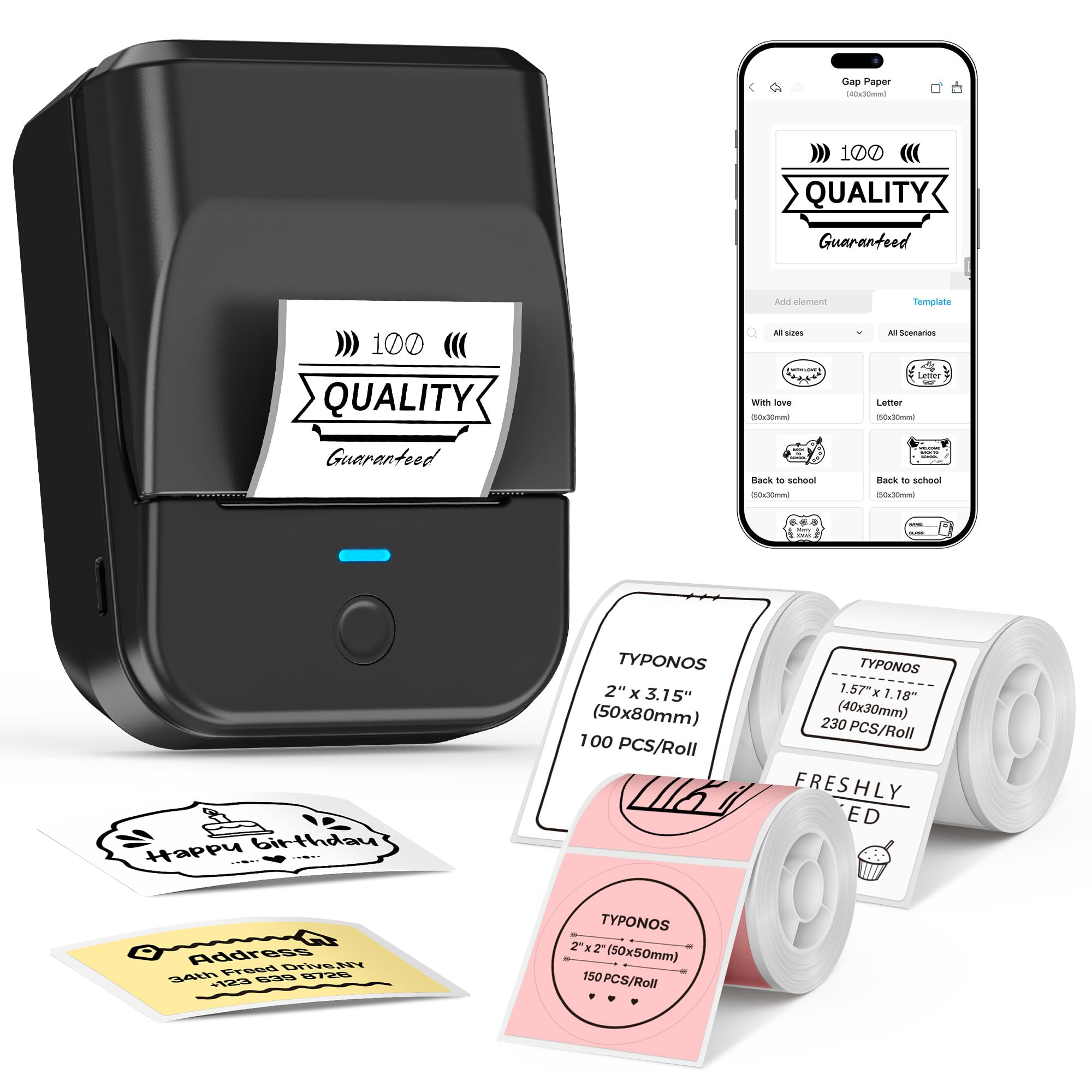 PM240 Mini stampante etichette adesive Bluetooth, stampante per adesivi da 2 pollici, ricaricabile, dotata di 3 rotoli di nastri e modelli per ufficio e casa.