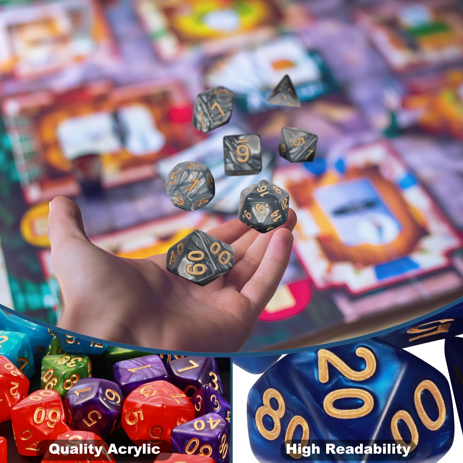 Zestaw kości wielościennych, 6 x 7 (42 sztuki) Kości DND z 6 woreczkami na rzep, do Dungeons and Dragons Pathfinder DND RPG MTG, 6 zestaw kości DND od D4 D6 D8 D10x2 D12 D20