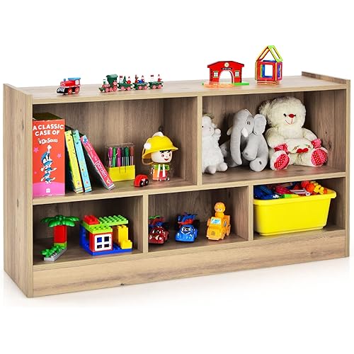 Costzon Toy Storage Organizer for Kids, 5-Section School Classroom Storage Cabinet for Organizing Books Toys, Wooden Bookshelf Daycare Furniture for Playroom Kids Room Nursery Kindergarten (Natural)