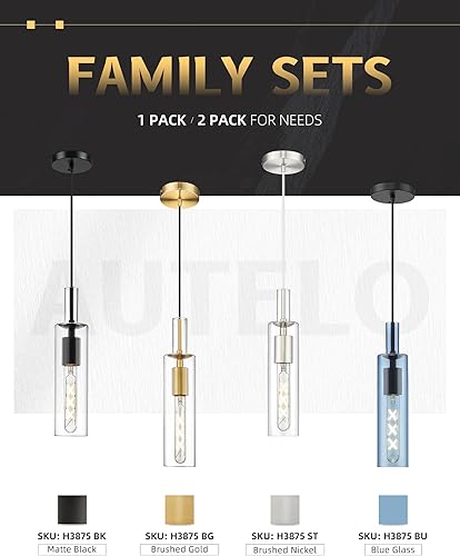 Miniatura 2 de AUTELO Paquete de 3 luces colgantes para isla de cocina, modernas luces colgantes negras, lámparas colgantes de vidrio cilíndrico, iluminación