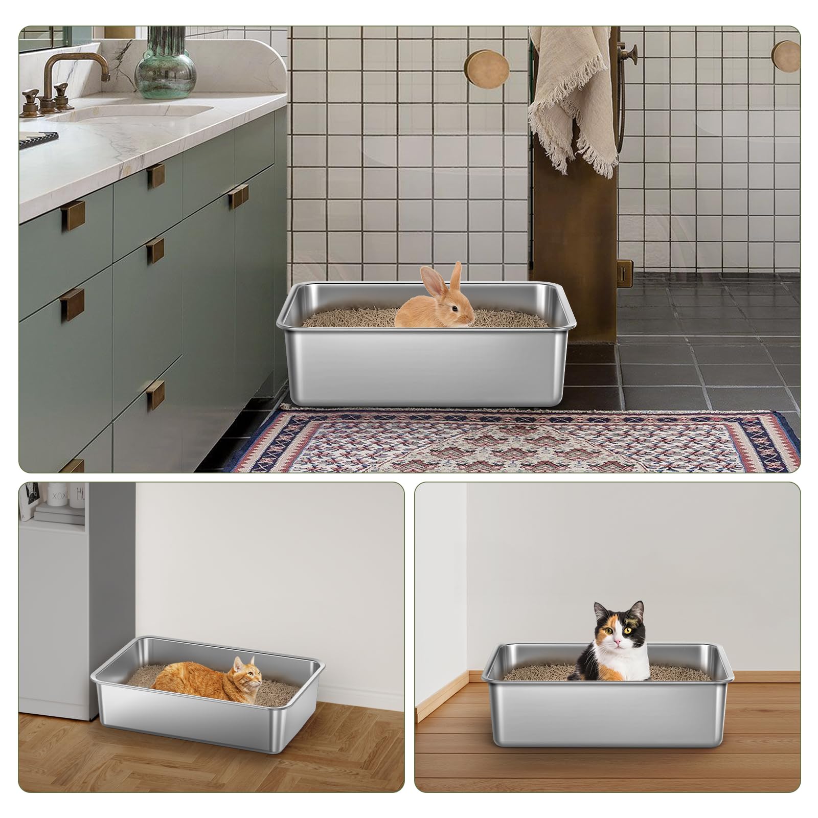Gimars Lettiera Gatto Inox Extra Large - Lettiere Acciaio Inox Spessa, Facile da Pulire, Bordo Alto, Antiruggine, Non Assorbe Odori, Vassoio in Metallo per Gatti e Conigli