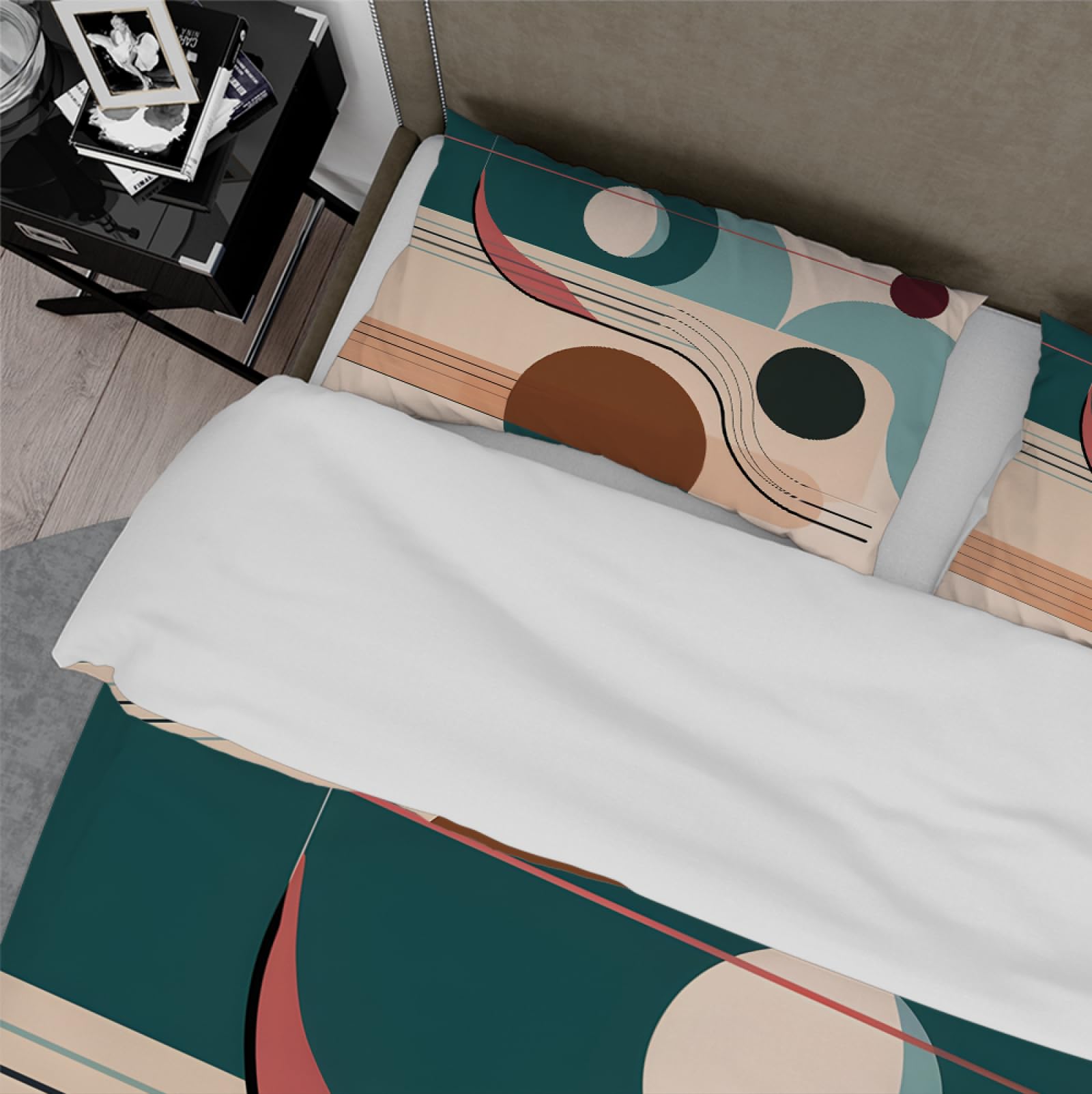 Geometryczny turkusowy zestaw pościeli w stylu retro Pojedynczy jasnobrązowy 70. Paleta Neutralne kolory Geometryczny wzór Poszwa na kołdrę 3 sztuki 260x240cm