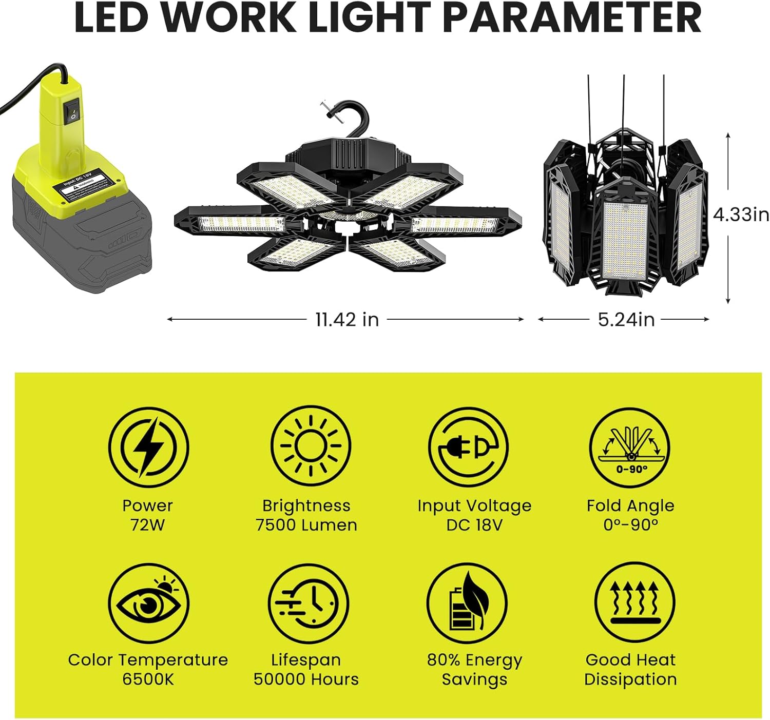 LED Work Light Compatible with Ryobi 18V Battery - 68W 6800LM Garage Flood Light 6+1 Deformable Panels Pendant Ceiling Light, Emergency Camping Light for Shed, Workshop, Job Site