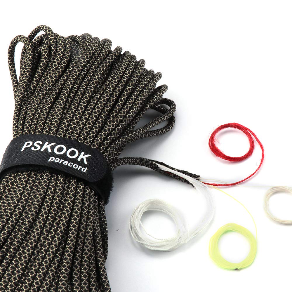Survival Paracord Rope PSKOOK 100 Feet Fire Starter Parachute Cord Red Tinder Cord PE Fishing Line Cotton Thread for Outdoor Lanyards, Bracelets, Handle Wraps (Khaki & Black Plaid)