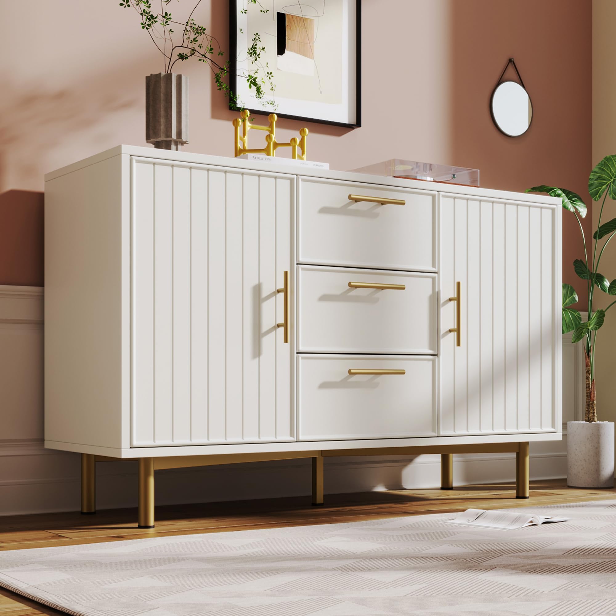 Weißer Sideboardschrank für Wohnzimmer mit verstellbarem Einlegeboden, 2 Türen und 3 Schubladen, moderne Aufbewahrungskommode, 120 x 75 x 40 cm (B x H x T)