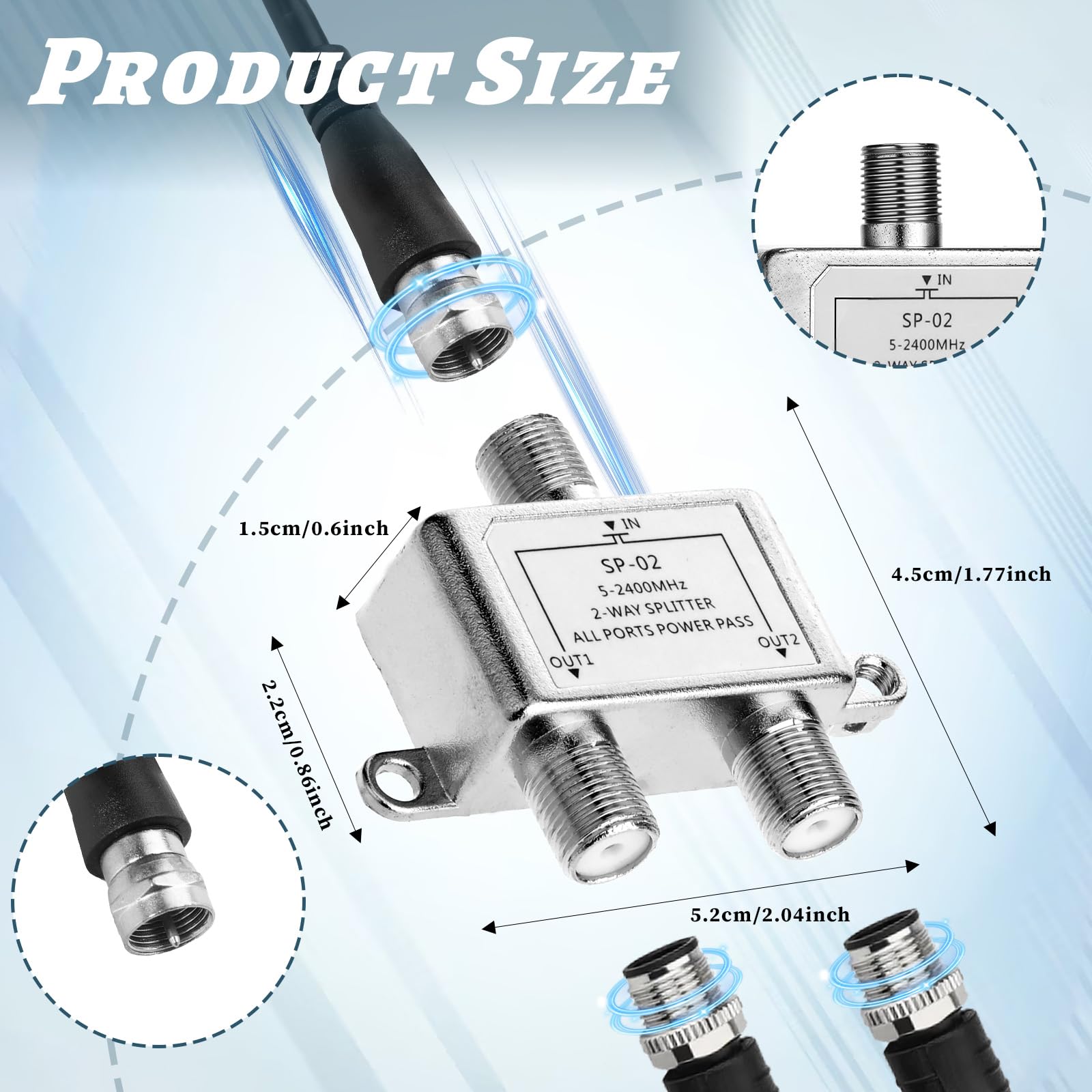 Coaxial Cable Splitter 2 Way, Coax TV Splitter 2 Way RG6 Compatible, Support 5-2400mhz, Works with TV Catv Antenna System High Speed Internet and Antenna Coaxial-Splitter