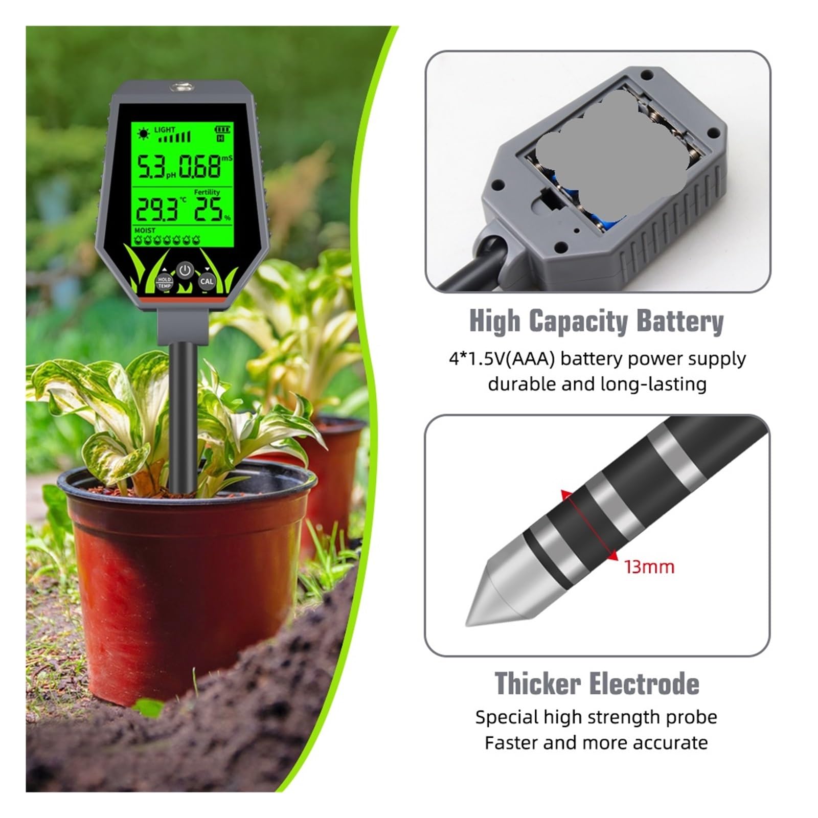 Humidimètre pour Sol, Testeur numérique Multifonctionnel de pH et d'humidité du Sol, détecteur de fertilité du Jardin, Moniteur de lumière du Soleil pour Le Jardinage et l'agriculture