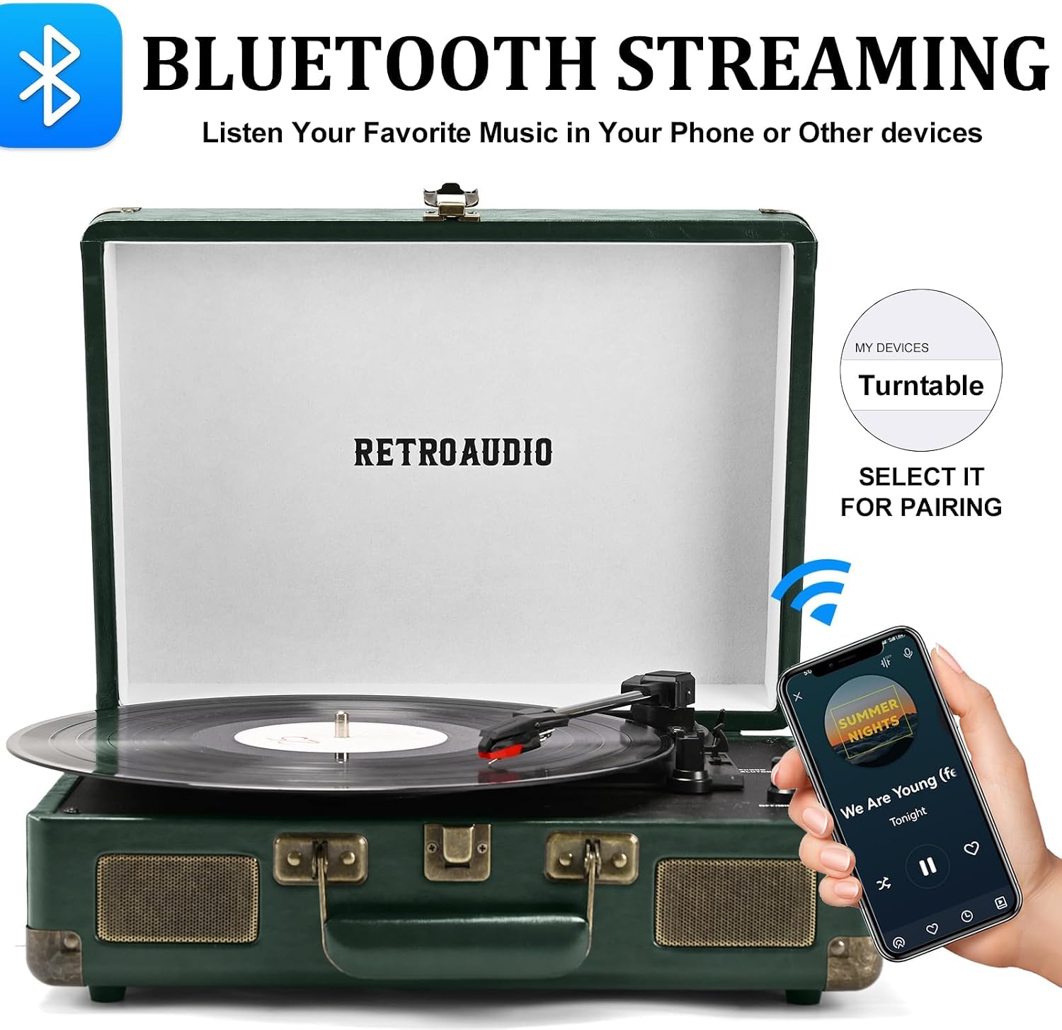 Vinyl Record Player 3 Speed Bluetooth Portable Suitcase Belt-Driven Record Player with 2 Built-in Stereo Speakers Vinyl Vintage Turntable Records Player with RCA Line Out, AUX Out (Dark Green)
