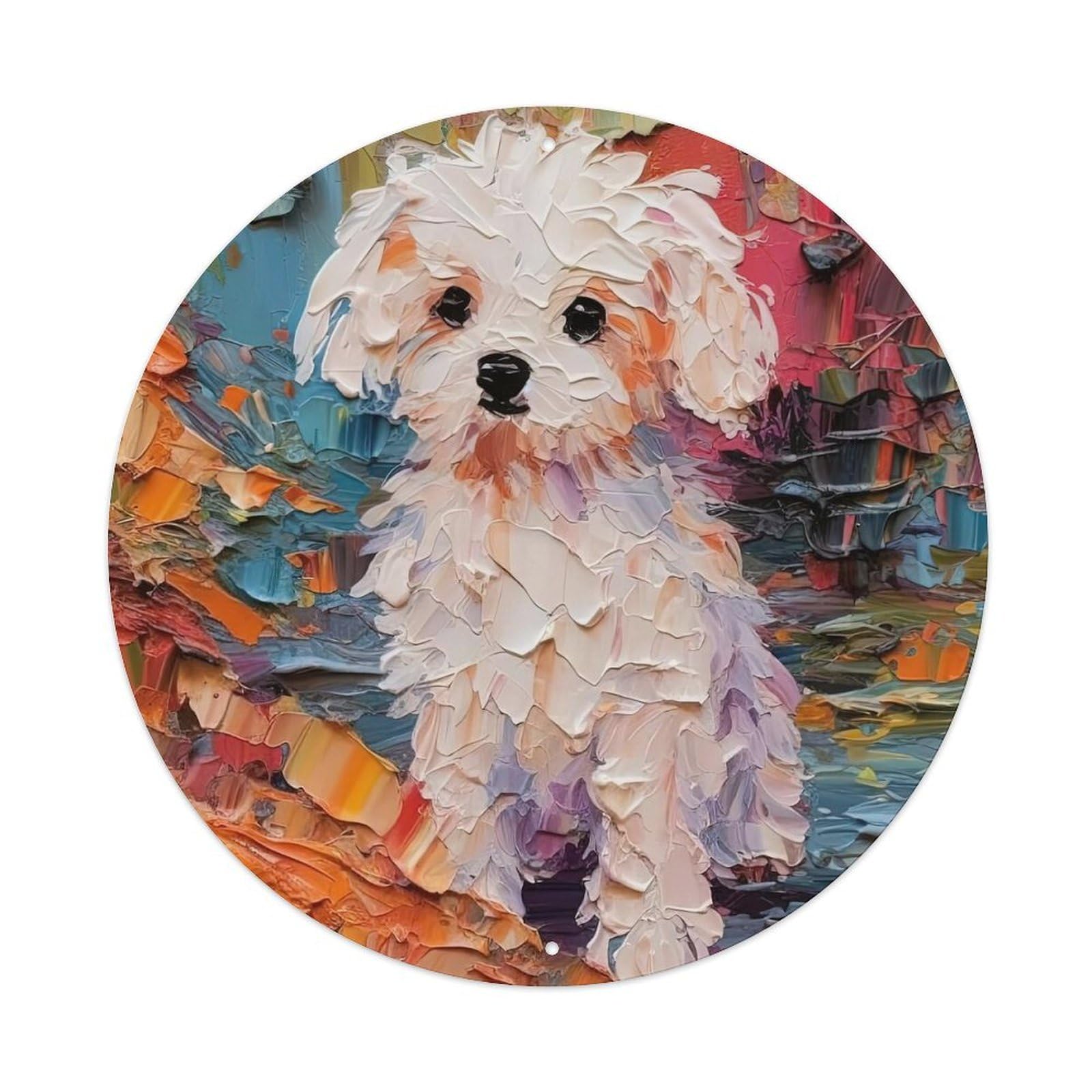 Animal Art Oil Painting Style Teacup Dog Vintage Metal Tin Sign Plaque Wall Decor for Cafe, Club, Garden Round Metal Poster 8x8Inch