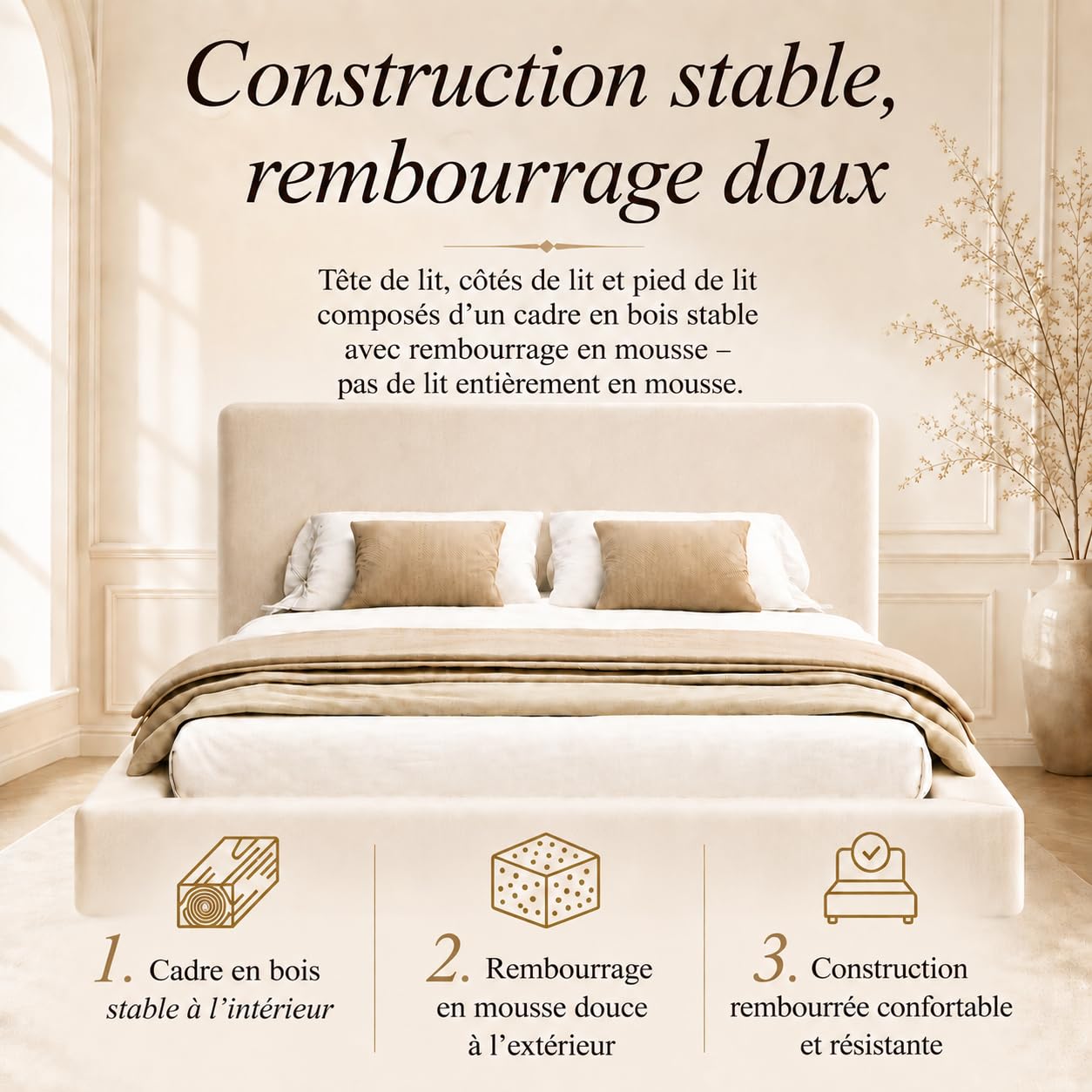 Zepneiy Lit 160x200 avec sommier à Lattes et tête de lit matelassée,Lit Double rembourré avec tête de lit Affiche 12 cm,Chenille Beige(sans Matelas)
