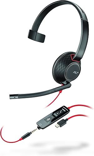 Blackwire 5210 USB-C Headset (Plantronics) - Auriculares con cable, de una sola oreja (monoaural) para computadora con micrófono Boom - USB-C, 0.138