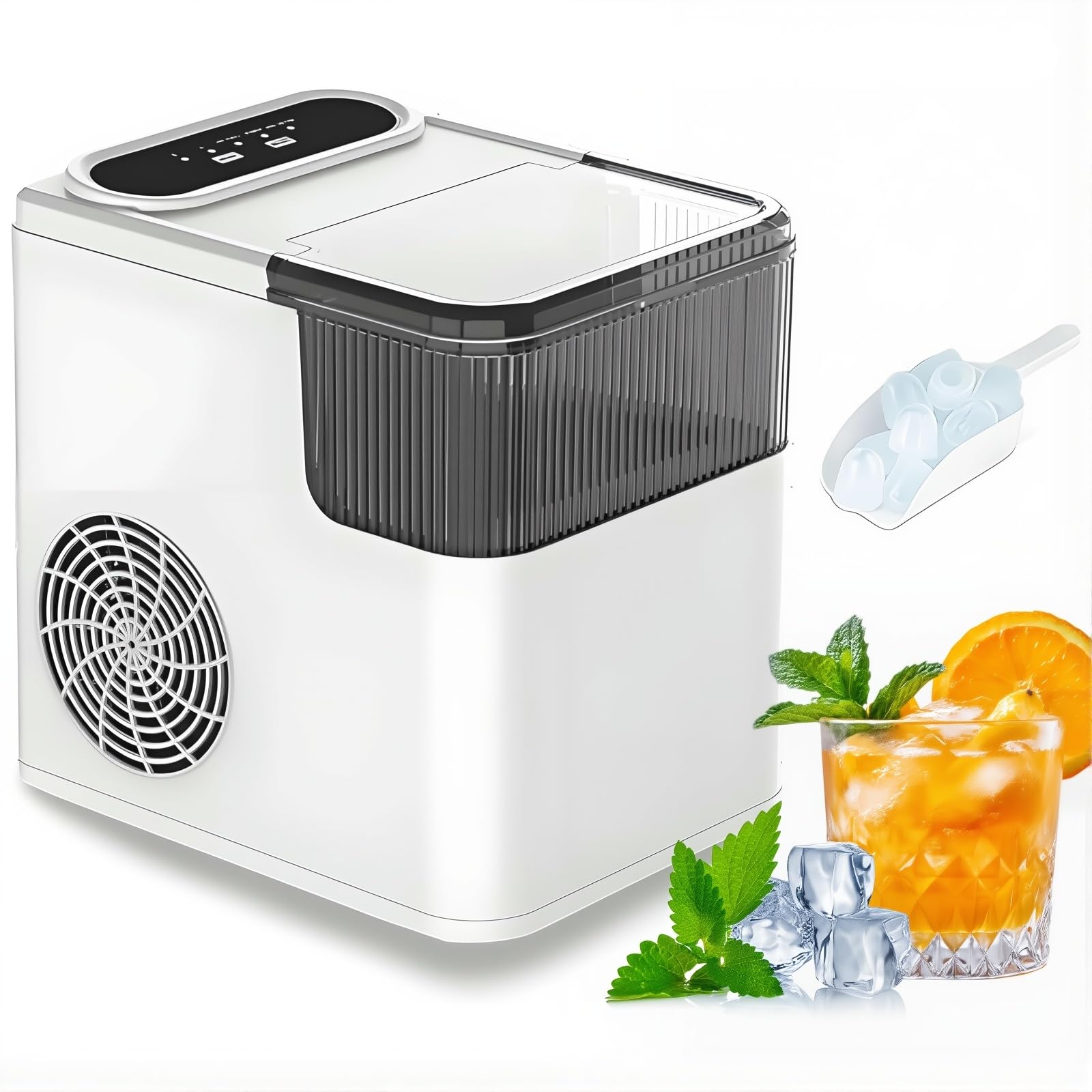 Genérico Máquina de Hielo Nugget, máquina de Cubitos de Hielo portátil para encimera, Produce 12 kg de Hielo al día, 9 Cubitos en 6 Minutos, Ideal para el Bar y la Cocina del hogar (Blanco)