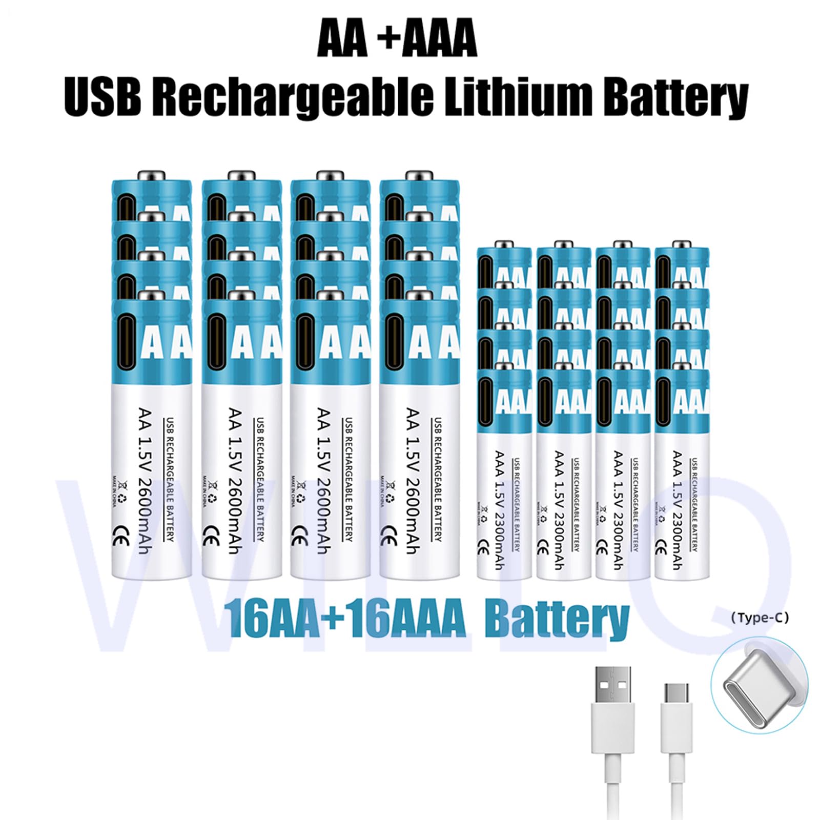 Baterías Recargables AA+AAA 1,5 V 2600 mAh + 2300 mAh batería de Iones de Litio de Alto Rendimiento Carga rápida USB-C (con Cable) para Juguetes/teclados,2600mah+2300mah,16pcs