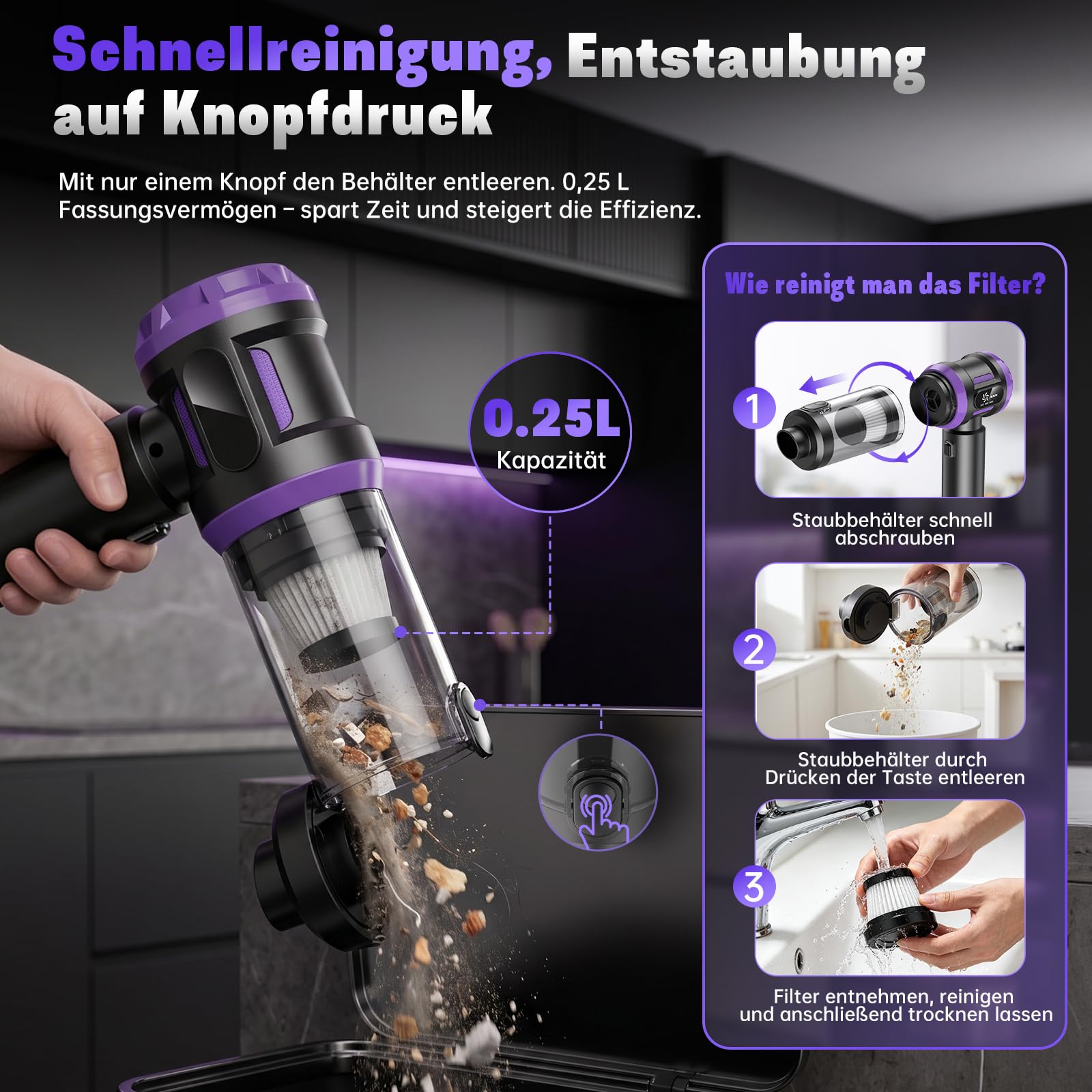 Handstaubsauger Akku 27000Pa mit LED-Display, 5-in-1 Kabelloser Autosauger Stark ,Bürstenloser Motor 220000 RPM,3 Stufen Mini Staubsauger mit HEPA-Filter,12 Zubehör für Auto,PC,Sofa,Tierhaare,Notfall