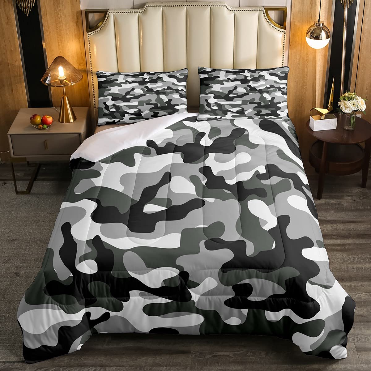 Loussiesd Kids Boys Camo Duvet Insert Army Camouflage Bedding Set for Girls Teens Man Navy Blue Duvet Set Vintage Green Black White 3Pcs Double Size