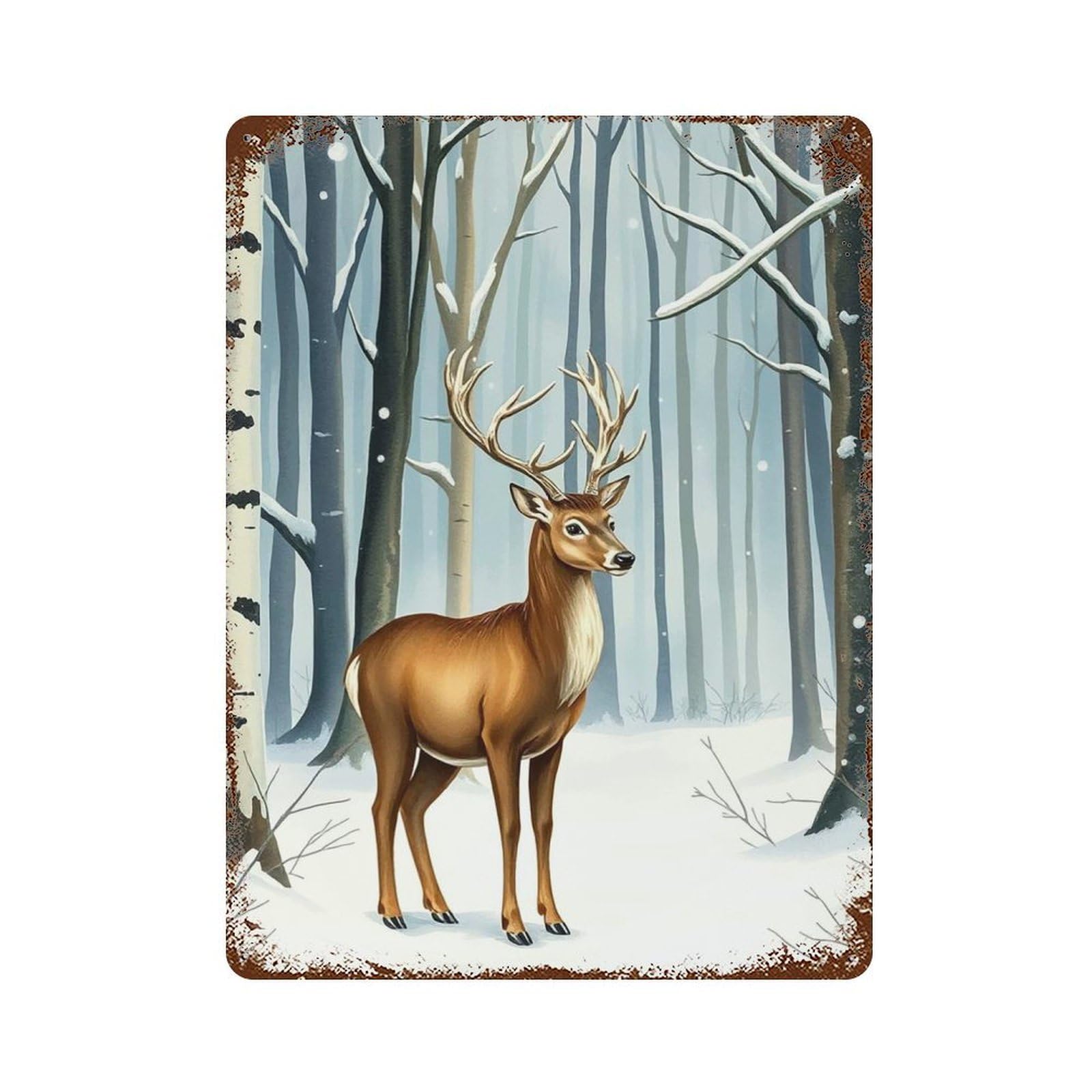 Deer in Winter Forest Weathered Tin Sign 15.7"x11.8", Rustic Home Decor for Garage, Bar And Workshop Decor