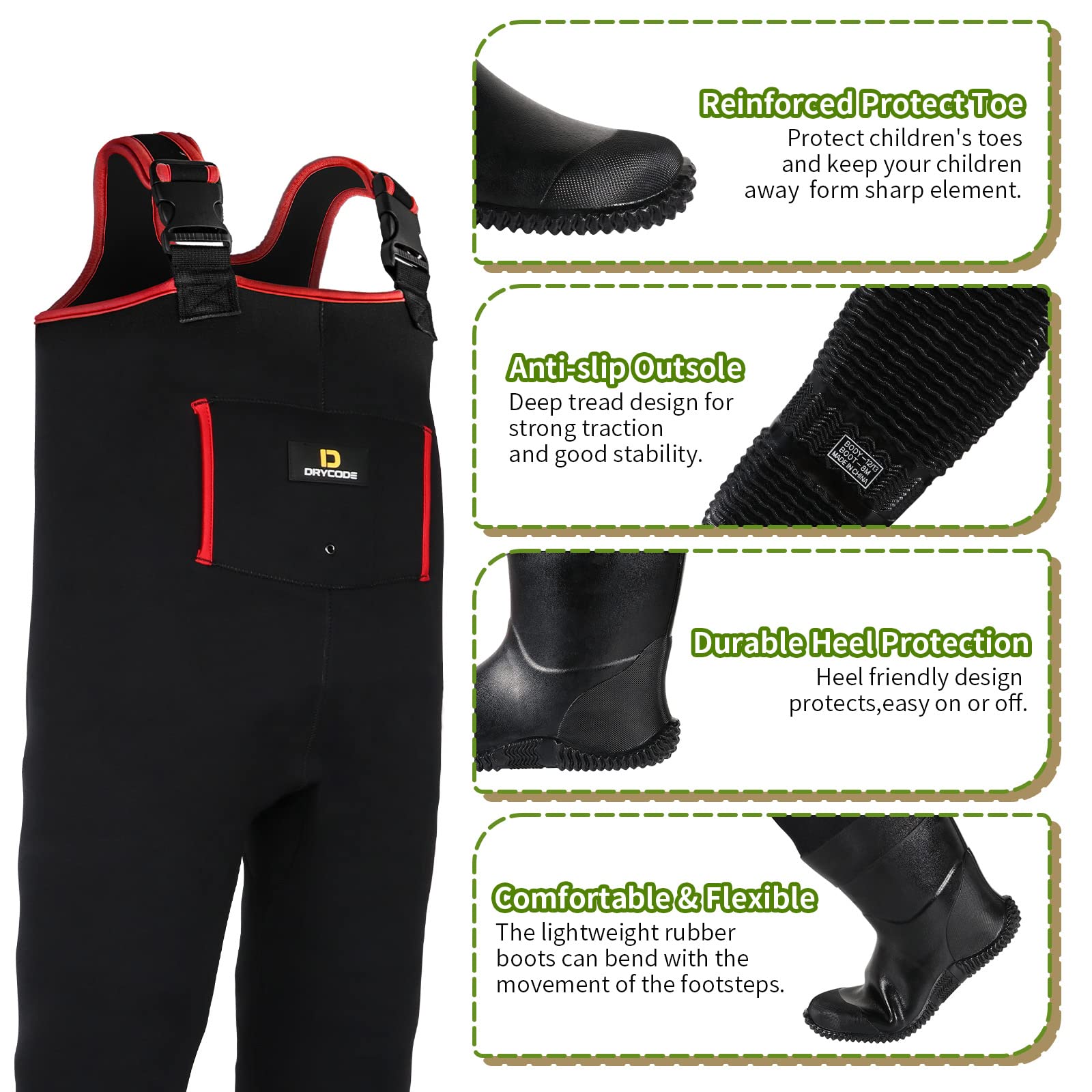 DRYCODE Kids Waders with Insulated Boots, Youth Waders for Toddler & Children, Waterproof Warm 4mm Neoprene Chest Wader for Duck Hunting, Fishing, Boys and Girls, with Boot Hanger