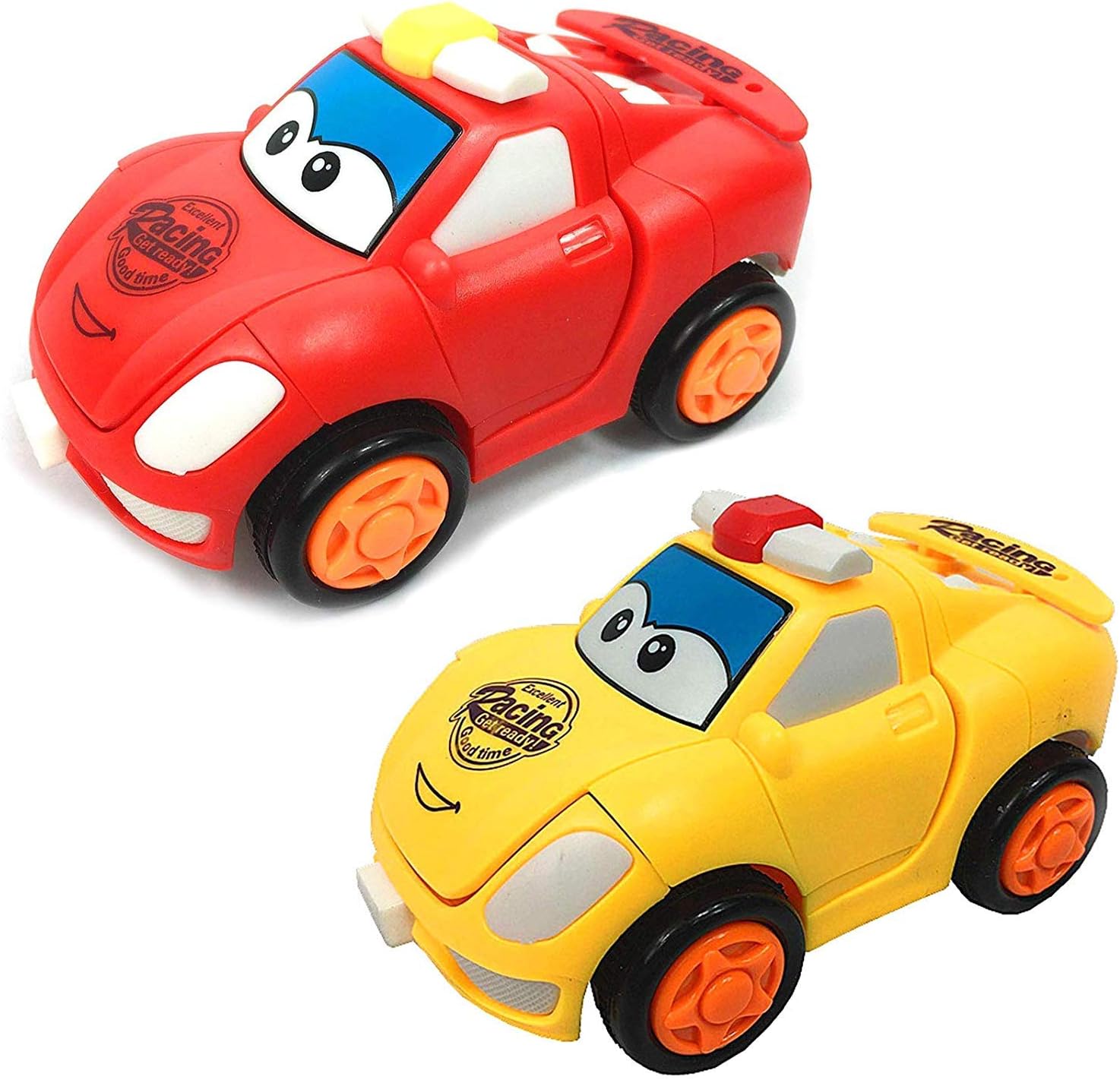 Mqfit Funnytool 2 Pieces Bright Colour Mini Racing Friction Family Transformer Toy Racing Car Convert From Car to Robot/Push N Go Toys for Kids (Random Colour)