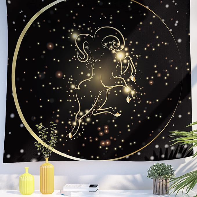 Berkin Arts Decor Tapestry for Wall Hanging Premium Polyester Fabric Backdrop Space Art Aries Constellation Ornate Galactic Gold Zodiac Sign 51.2 x 59.1 Inch