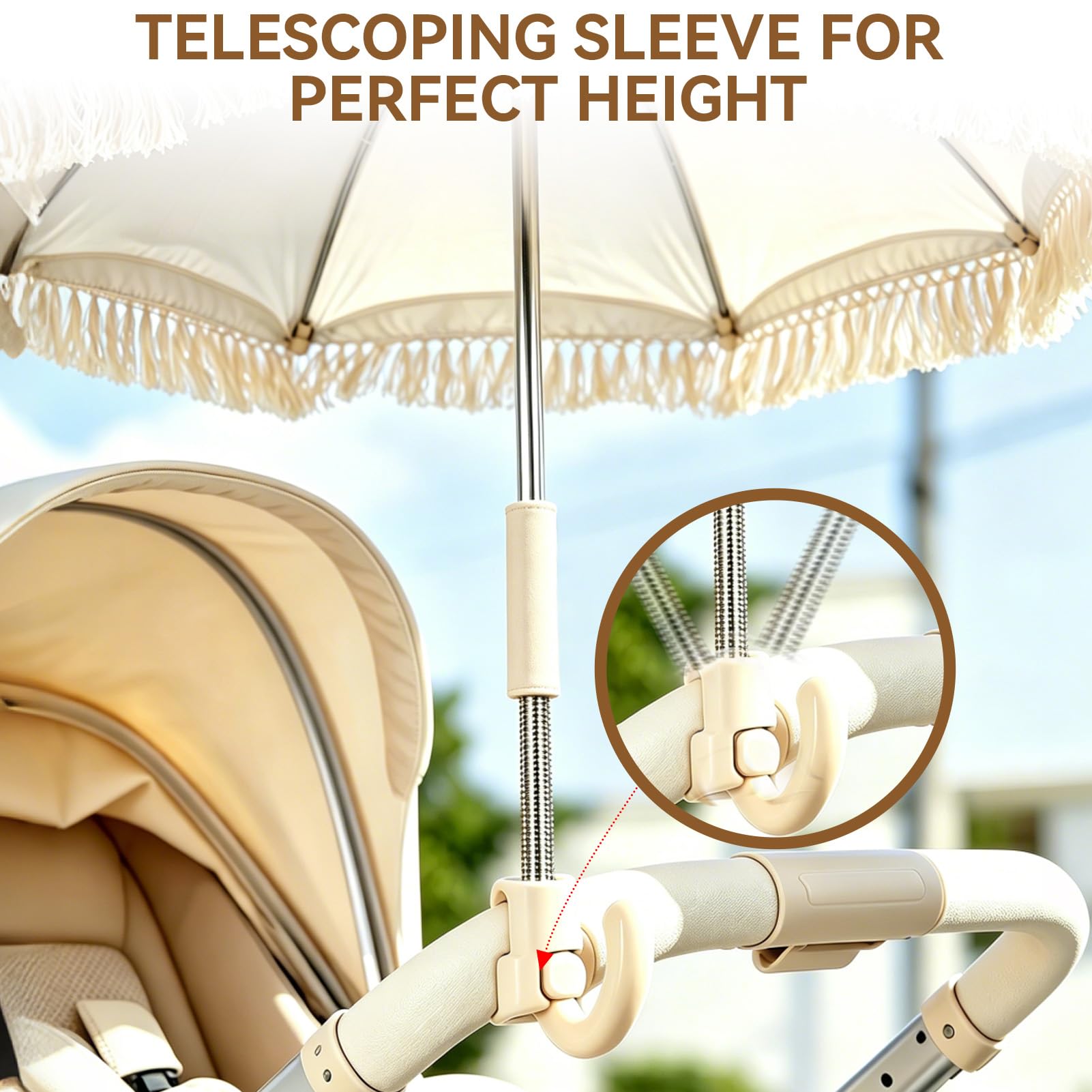 Agatige Parasol Pour Poussette De Bébé Avec Pompon, 70CM Poussette Portable Universelle Parasol De Chariot Pour Accessoires De Photographie Jardin De Bord De Mer (Beige Avec Petit Chrysanthème)