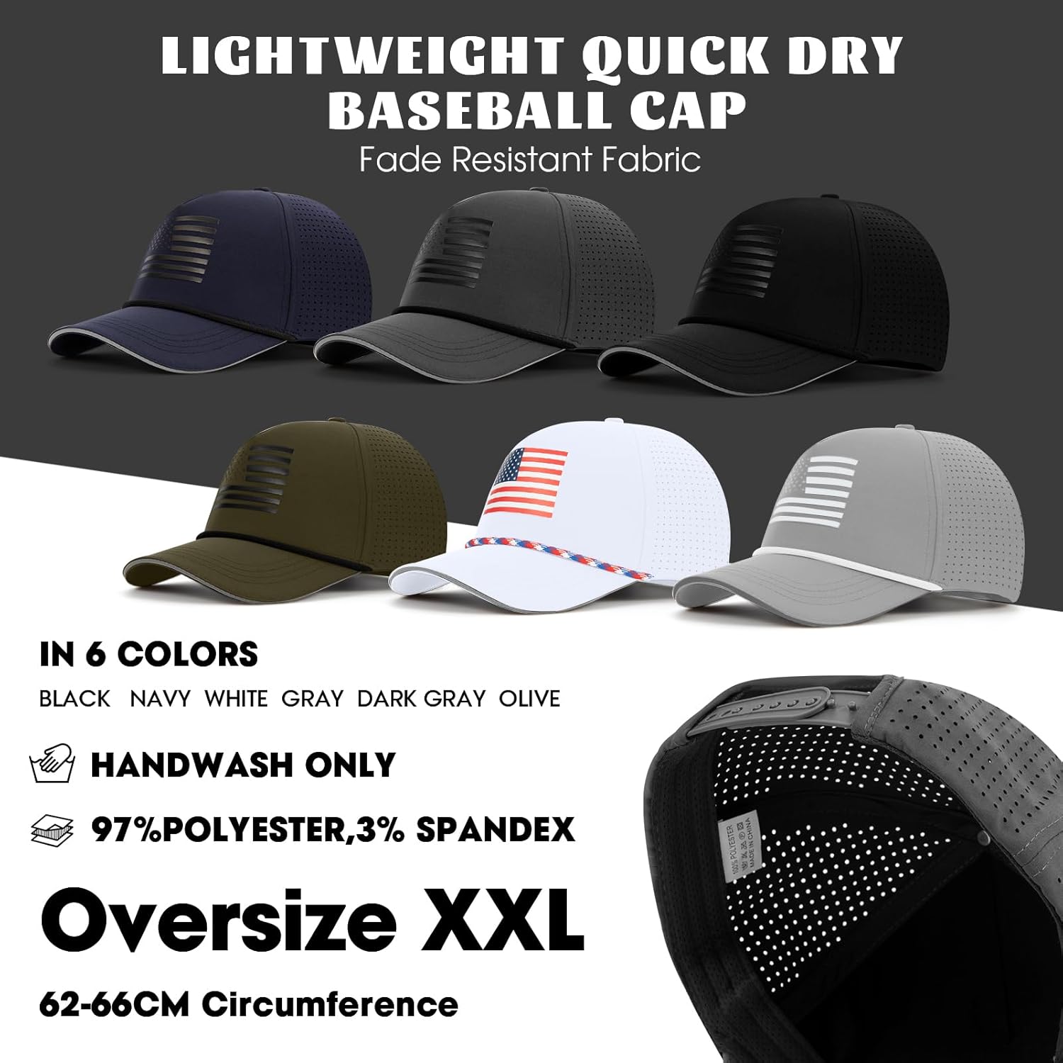 Oversize XL XXL XXXL American Flag Trucker Hat, Waterproof Quick Dry Snapback Hats, Large USA Baseball Cap for Men Big Heads - Image 6