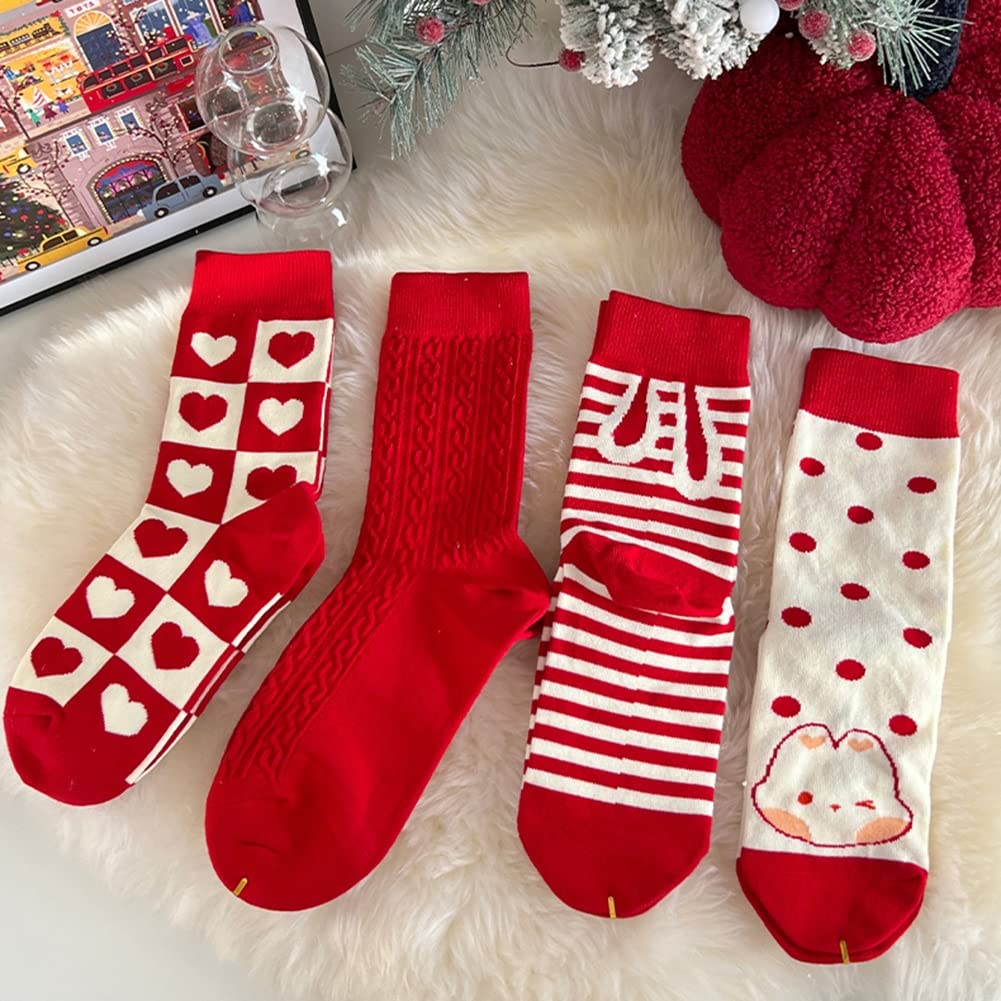 Strümpfe Chinesische Neujahrssocken, Rote Baumwollsocken for das Frühlingsfest 2023, Neujahrs-Weihnachtssocken mit Geschenkboxen, 4 Paar (Color : Red-C, Size : 34-39)