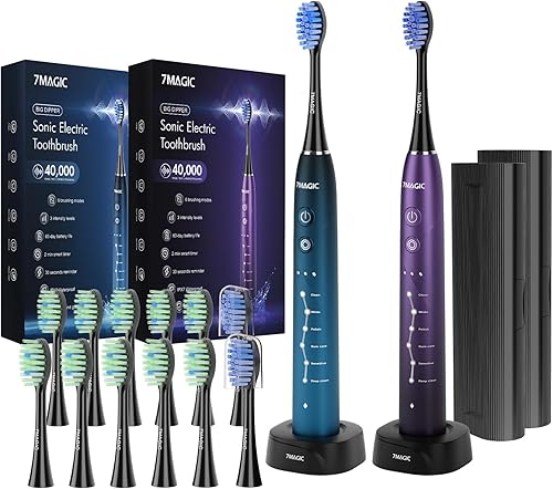Paquete de 2 cepillos de dientes eléctricos para adultos, cepillo de dientes sónico recargable con 12 cabezales de cepillo, 18 ajustes, cepillo de