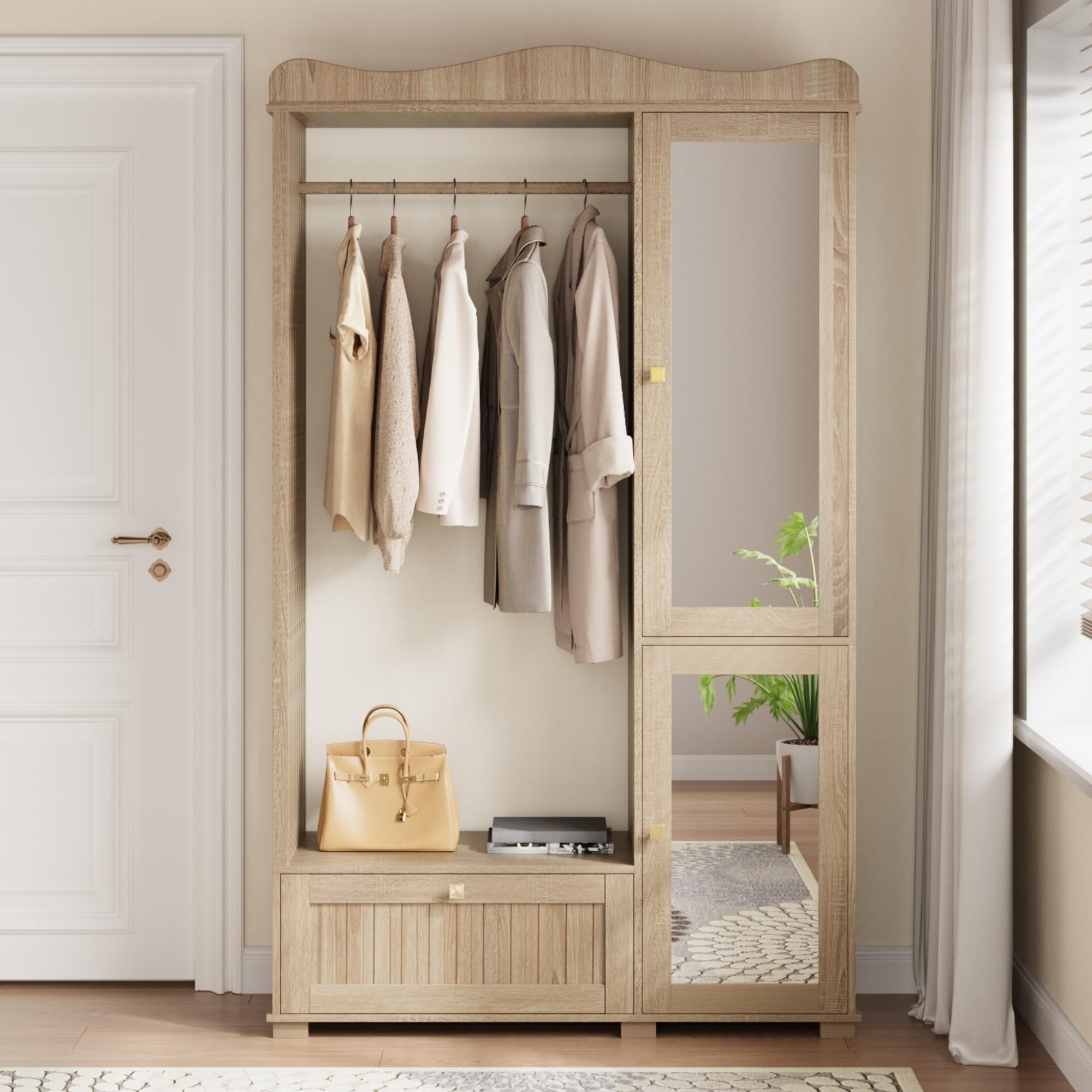 Armario con espejo, 2 puertas, barra y cajón | Tres zonas de almacenamiento de madera de roble, silenciosas herrajes para dormitorio, pasillo y pasillo