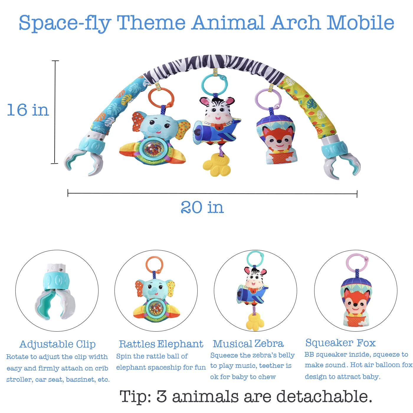 Arco móvil para cochecito de bebé con abrazaderas universales, barra de actividad con clip para moisés, gorila, cuna, asiento de automóvil, juguetes musicales para bebés con chirriador de elefante y 2