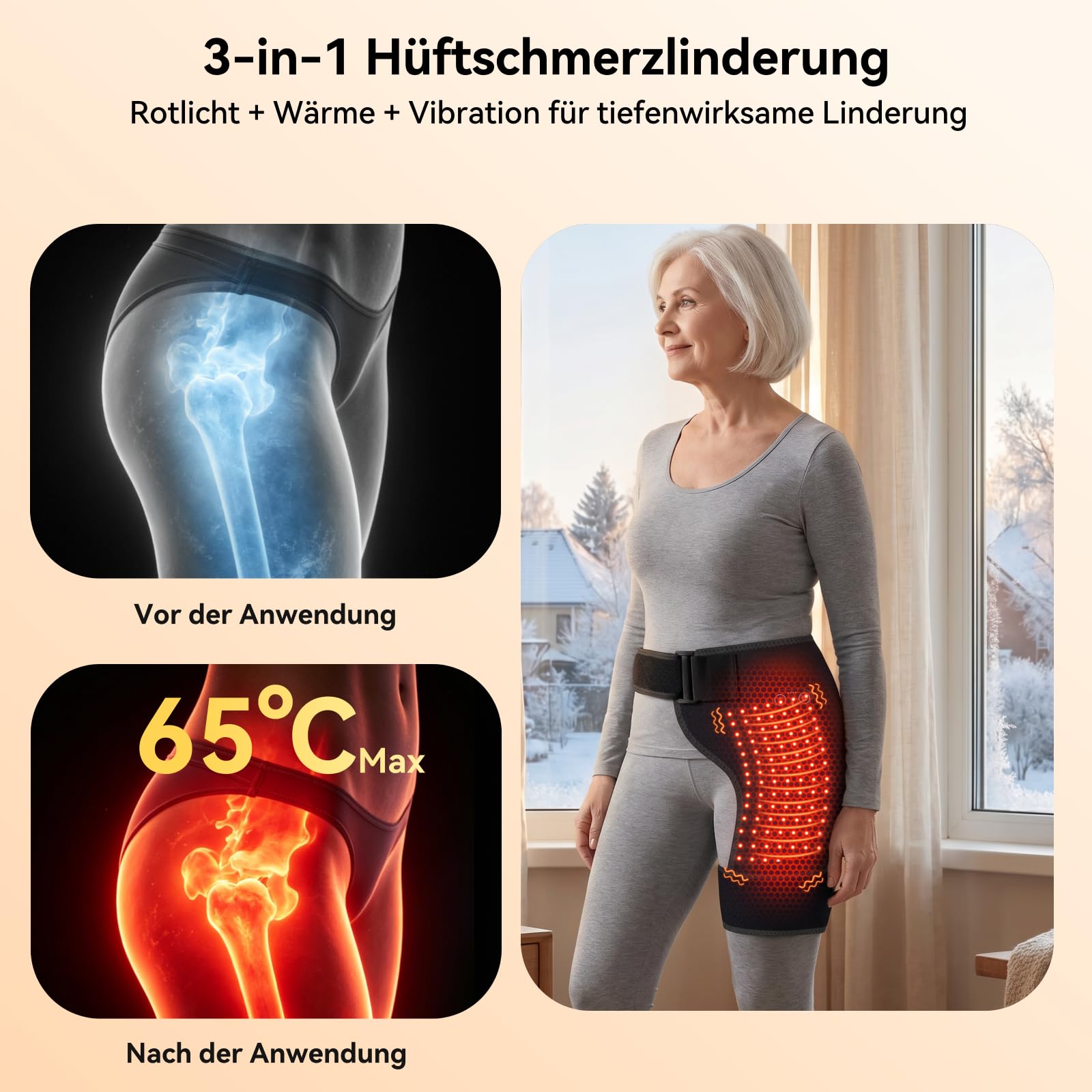 Kabellos Heizkissen für Hüfte Hüftmassagegerät 3 Heiz- & 3 Vibrationsstufen für Ischias-Schmerzlinderung | Beheizte Hüftstütze Heizung Pad Hüfte Wrap für Gesäß, Oberschenkel Schwarz