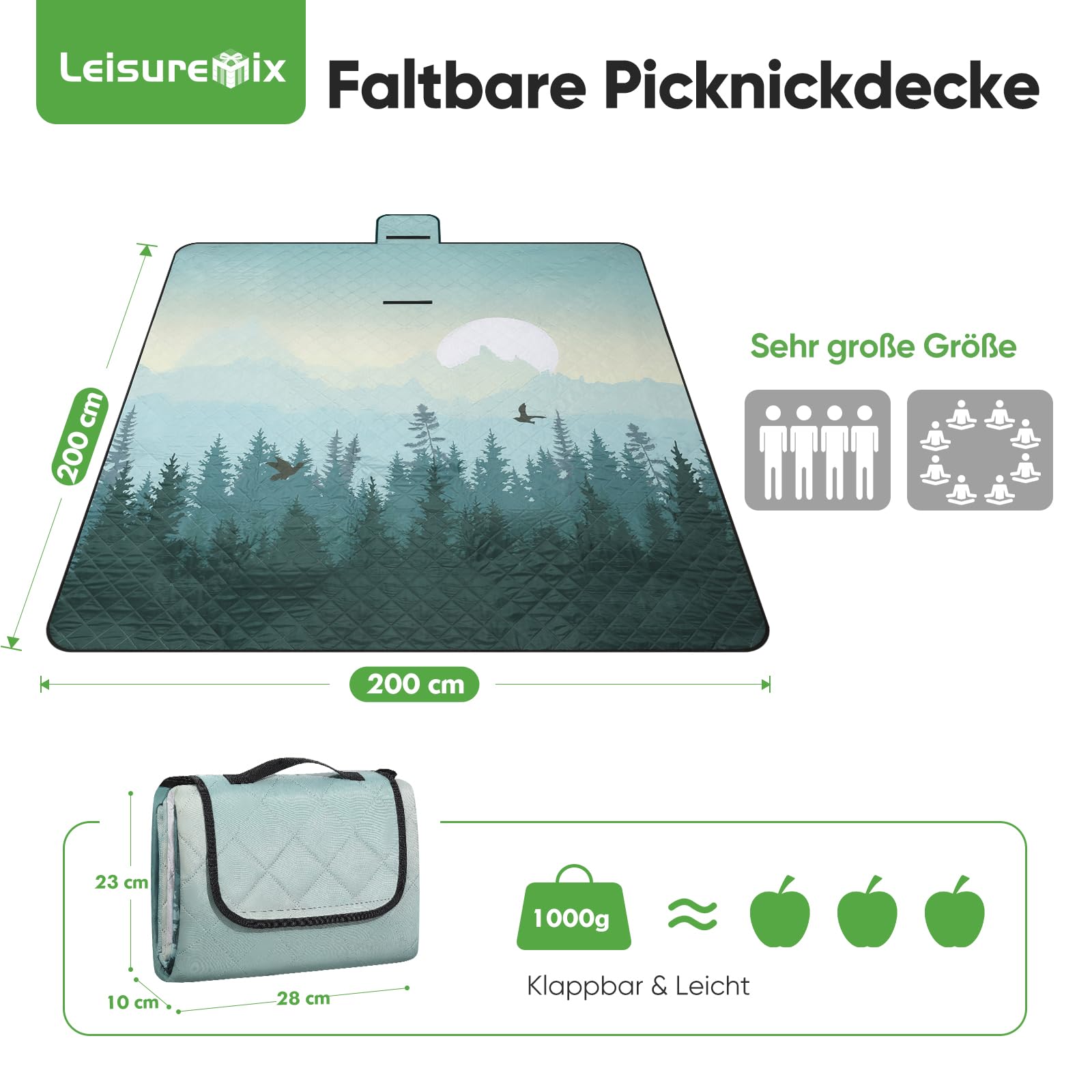 Picknickdecke isoliert 200 x 200cm XXL wasserdicht, 210D Oxford Campingdecke Stranddecke Ultraleicht, Picnic Blanket mit Tragegriff Outdoor Decke für 6-8 Personen, Wald