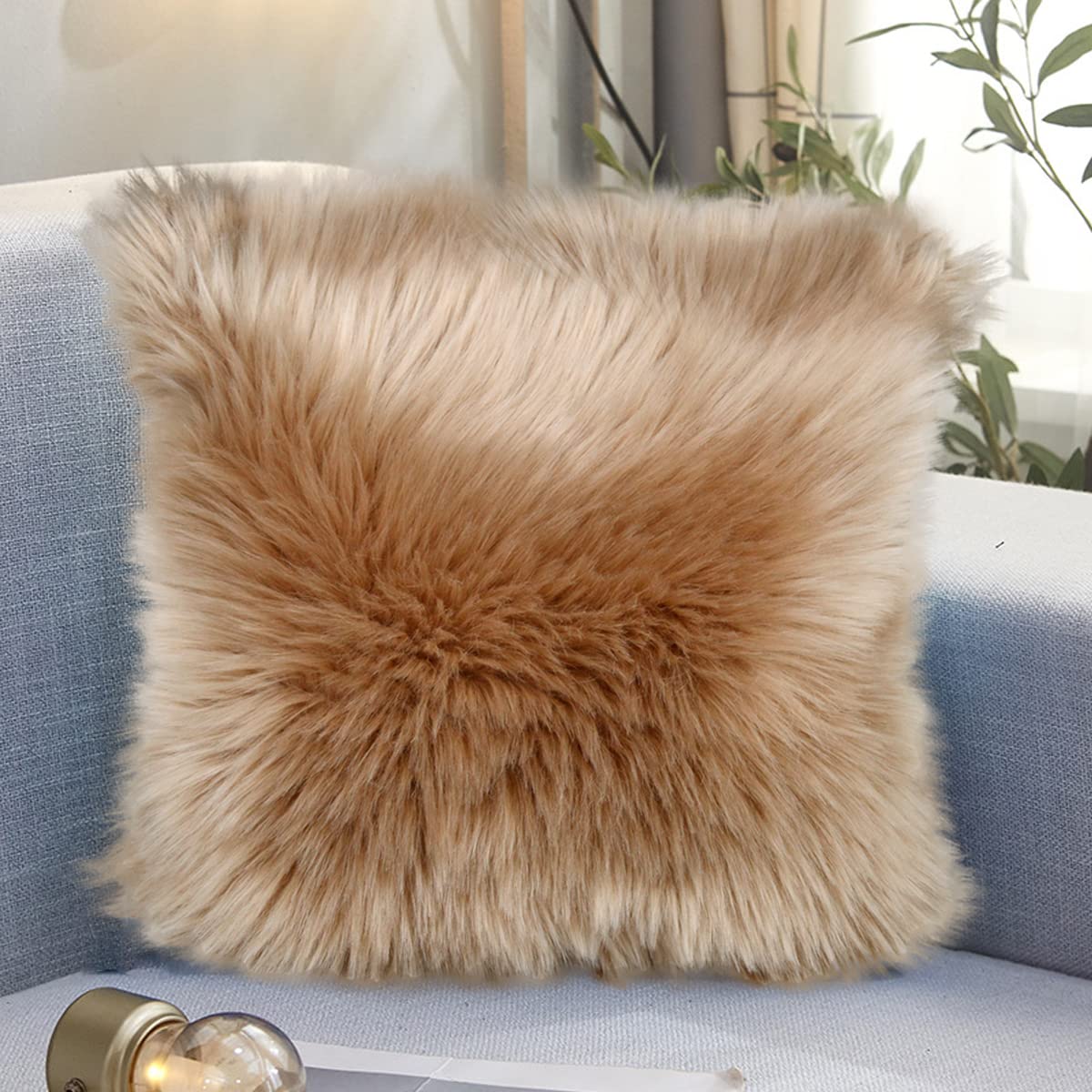 OKAYDAFluffy Pillow Cover Luxury Soft Faux Fur Square Pillowcase Decorative Throw Pillow Covers for Bed, Couch, Sofa 18in x18in (Bean)