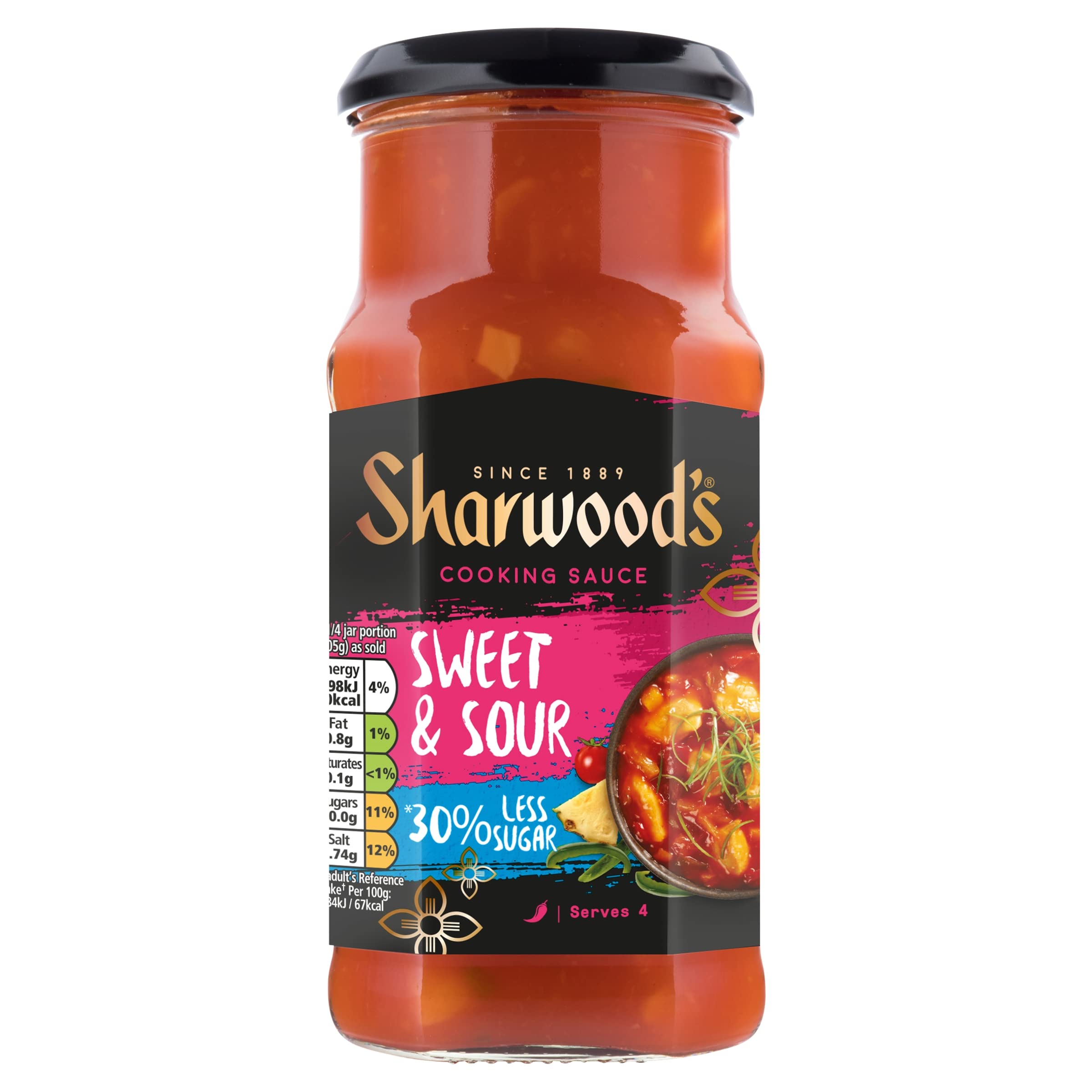 Sharwood's Chinese Sweet & Sour Sauce – 30% Reduced Sugar, Tangy Pineapple & Pepper Blend, Vegetarian Friendly, 425 g Jar (Pack of 1)