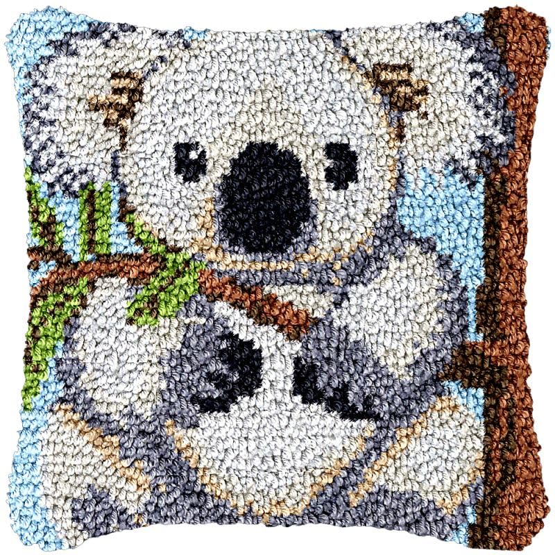 Image of Koala Bear Latch Hook Pillow Making Kits Cover for DIY Cushion Cross Stitch Latch Hook Pillowcase Rug Kits with Preprinted Canvas Crochet Yarn Kits Needlework Crafts 17'' X 17''