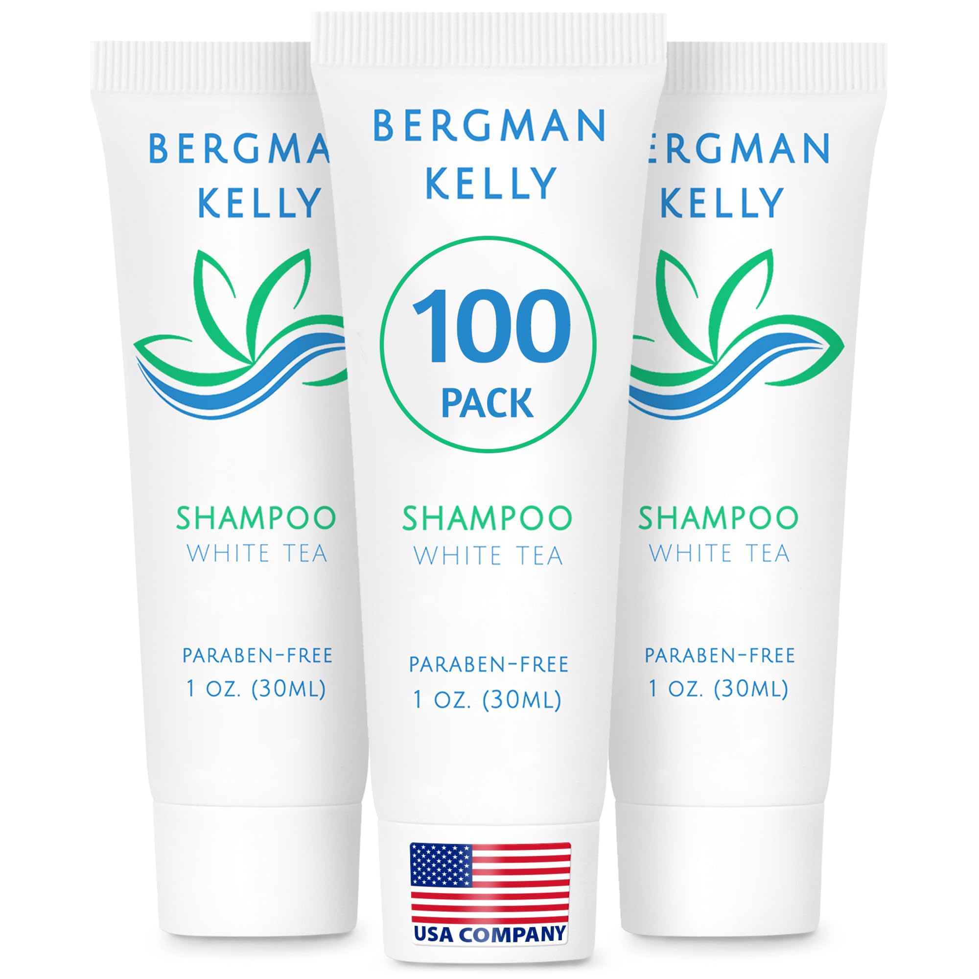 BERGMAN KELLY - Travel Size Hotel Shampoo - 1 fl oz, 100 PK, White Tea - Delight Your Guests with Revitalizing & Refreshing Hair Cleanser for Guest Hospitality - Mini & Small Size Shampoo in Bulk
