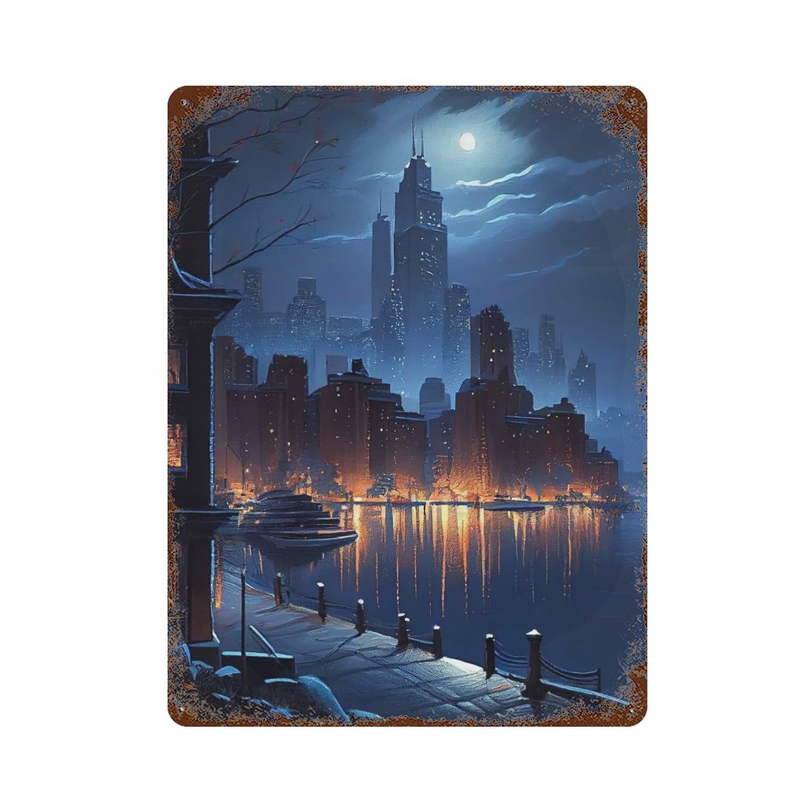 Garage Style Cityscape at Night Rust Effect Tin Sign 15.7"x11.8", Farmhouse Wall Decor for Bar And Workshop