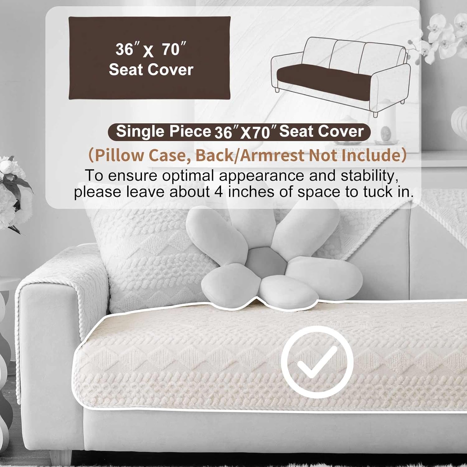 Soft Plush Couch Cover, Non Slip Fluffy Sectional Sofa Covers for 3 Cushion Couch Sofa L Sharped Sofa Slipcover for Pets, Furniture Protector (1 PCS 36"x70" White)