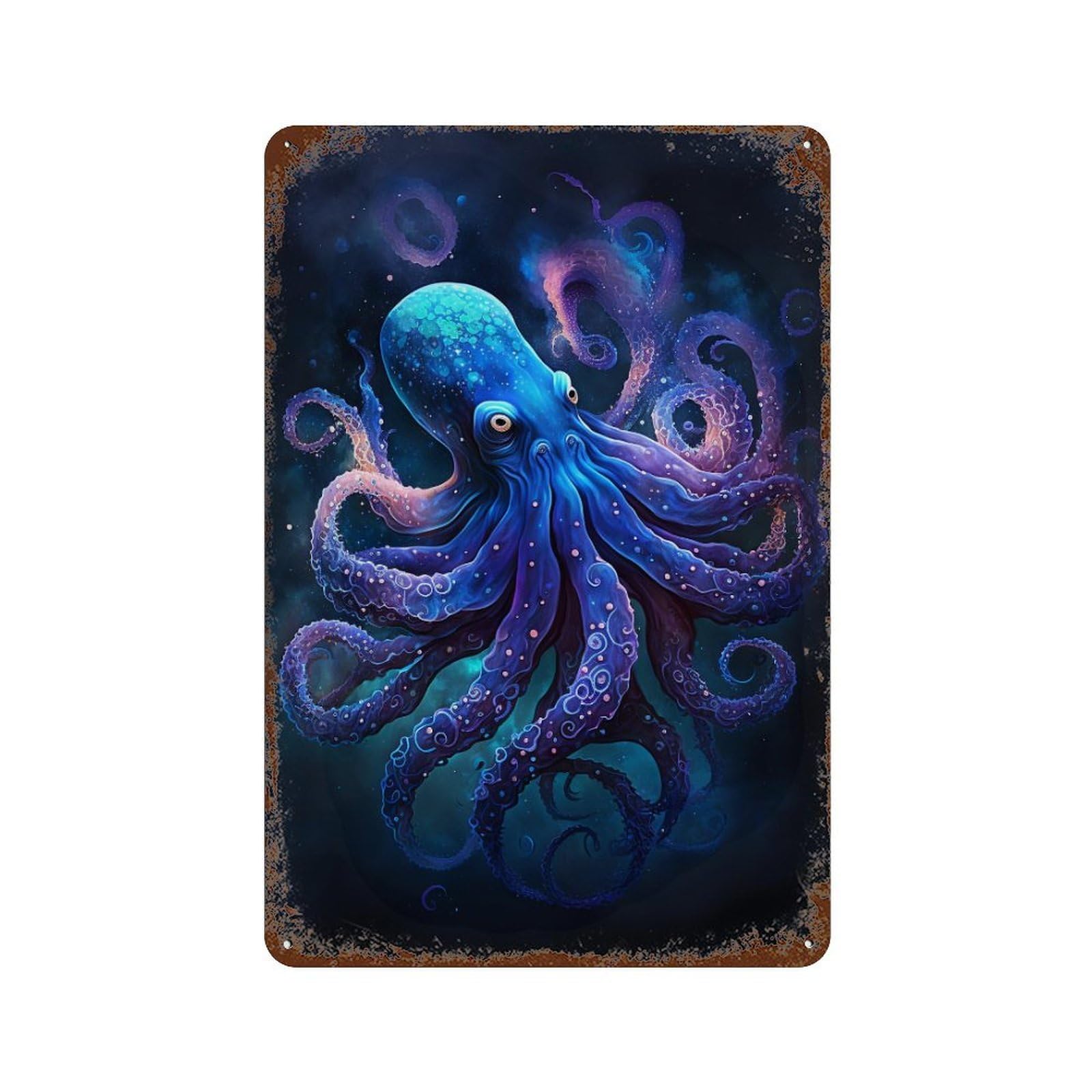 Weathered Tin Sign Glowing Ocean Octopus Art Print 11.8"x7.9", Rustic Home Decor for Basement, Hobby Room And Garage Decor