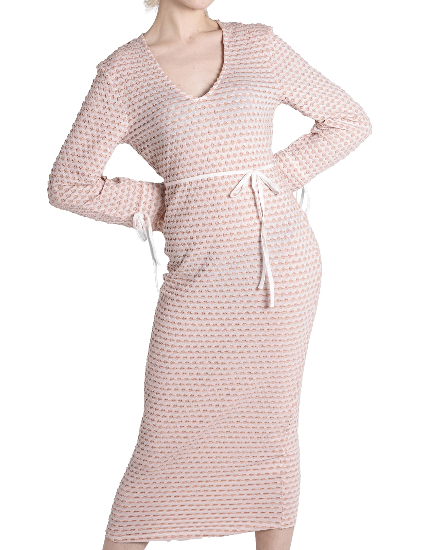 Enorsia Textured Stretch Jersey Long Sleeve Midi Dress - Pink - Size 14