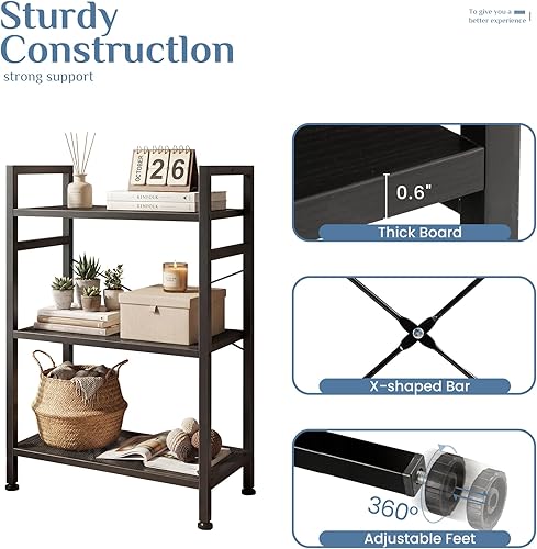 Vista 5 de DUMOS Estantería de 3 niveles, estante clásico para libros, estantes altos para sala de estar, hogar, oficina, organizador de almacenamiento