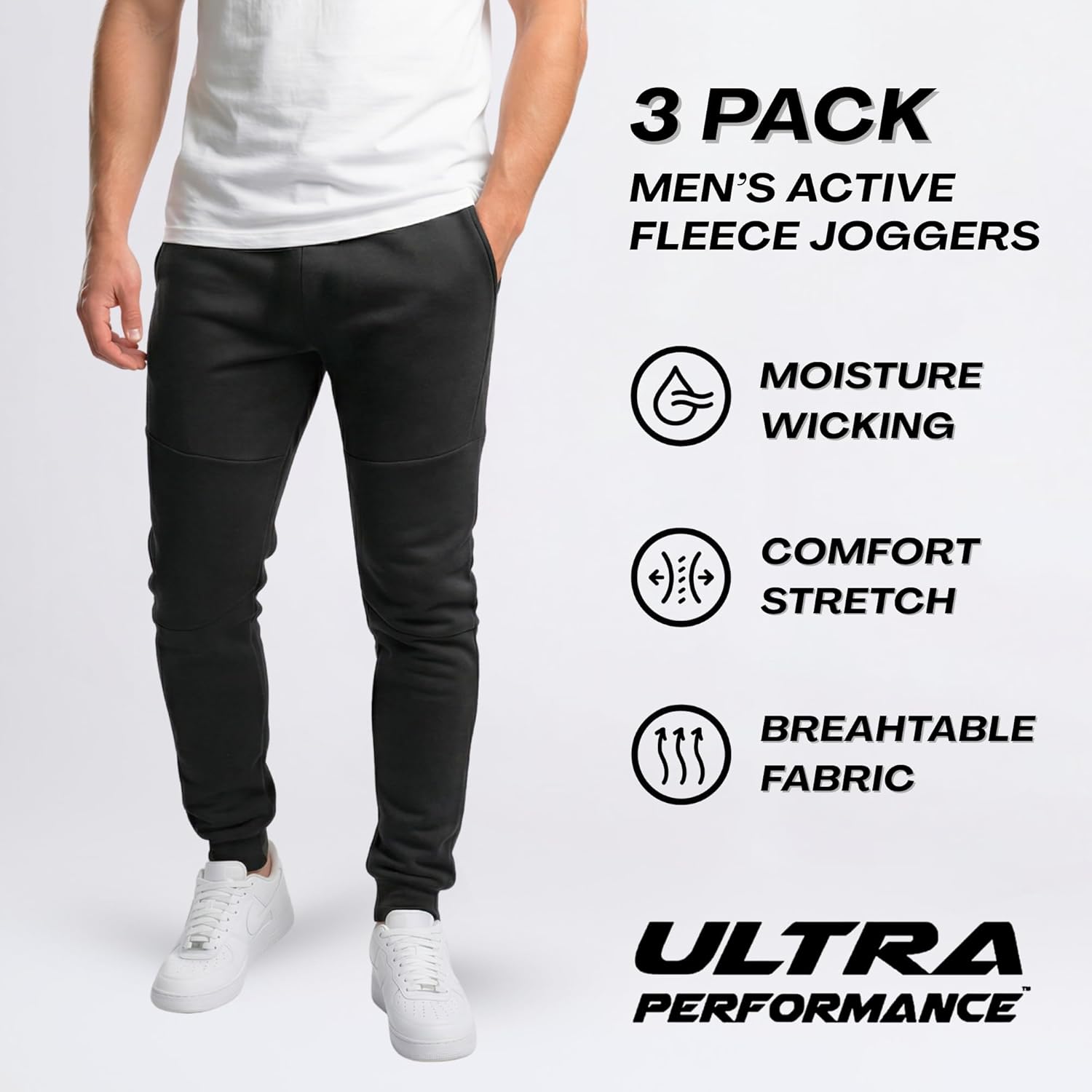 Ultra Performance 3 Pack Fleece Active Tech Joggers for Men, Mens Sweatpants with Zipper Pockets - Image 3