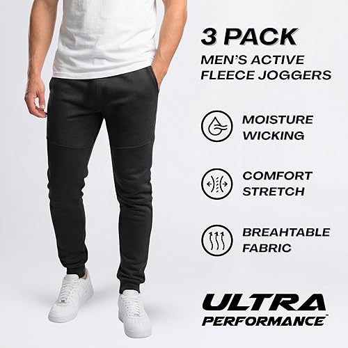 Vista 2 de Ultra Performance 3 Pack Fleece Active Tech Joggers for Men, Mens Sweatpants with Zipper Pockets